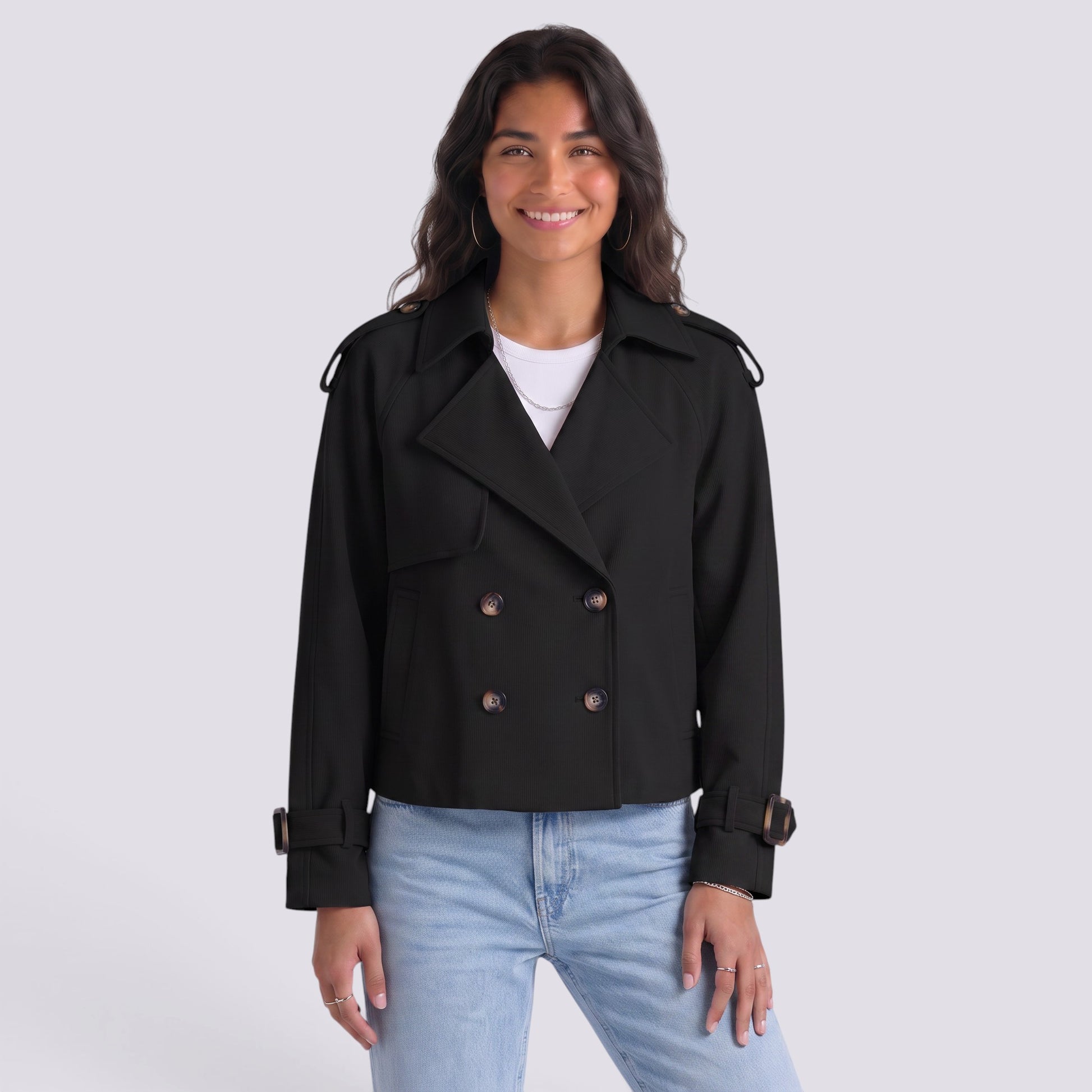 Chaqueta Mujer Estilo Gabardina Corta Doble Botonadura