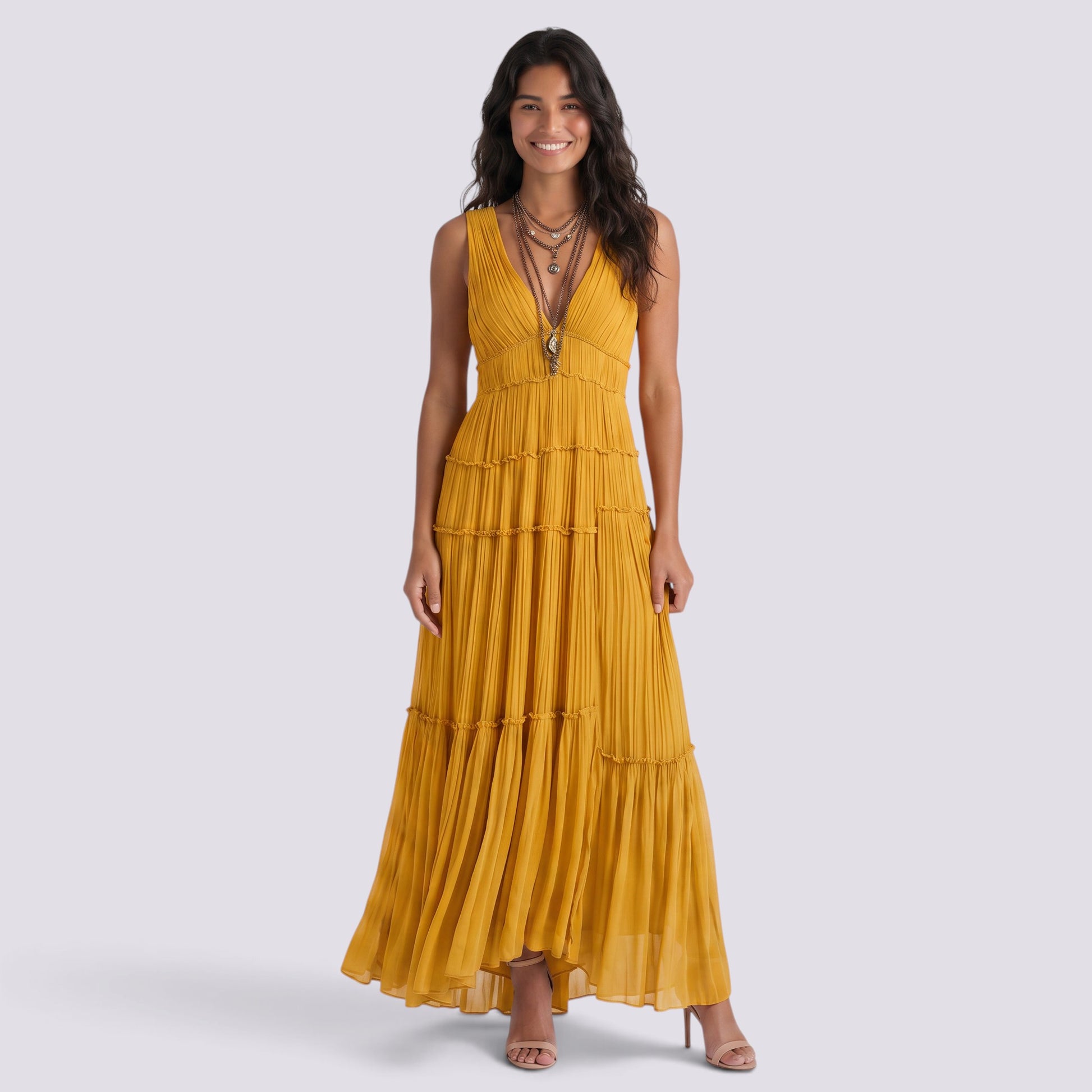 Vestido Midi Mujer Plisado Elegante