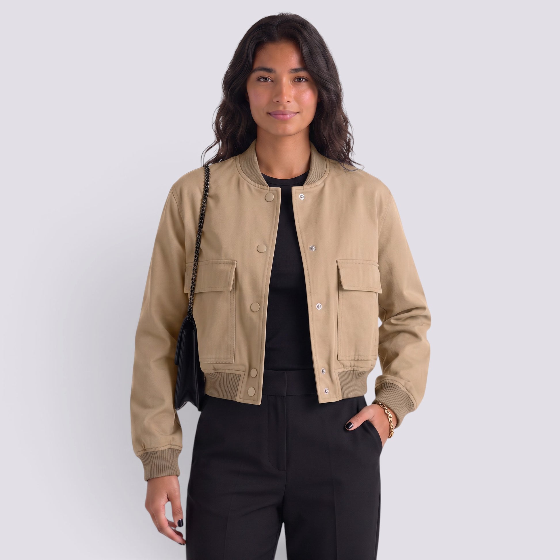 Chaqueta Mujer Cuello Alto Bolsillos Grandes