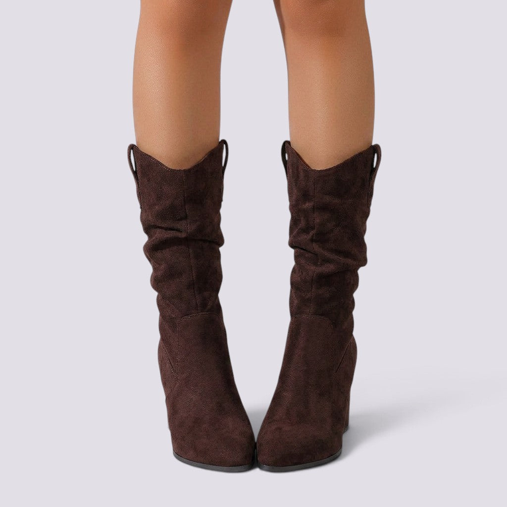 Botas Mujer Ante Tacón Grueso Plisadas