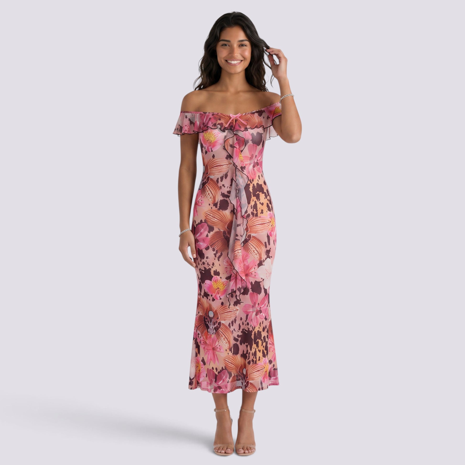 Vestido Estampado de Fiesta Palabra de Honor Cordones