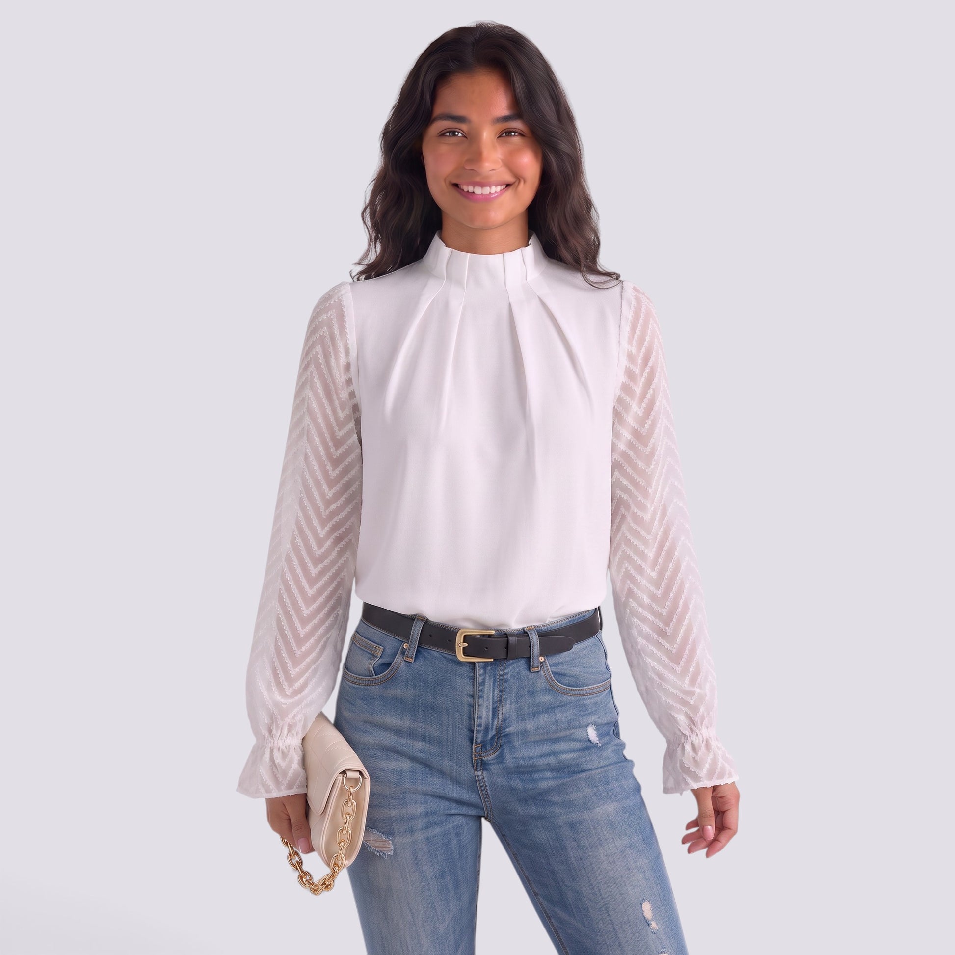 Blusa Mujer Cuello Alto Manga Larga Ondulada