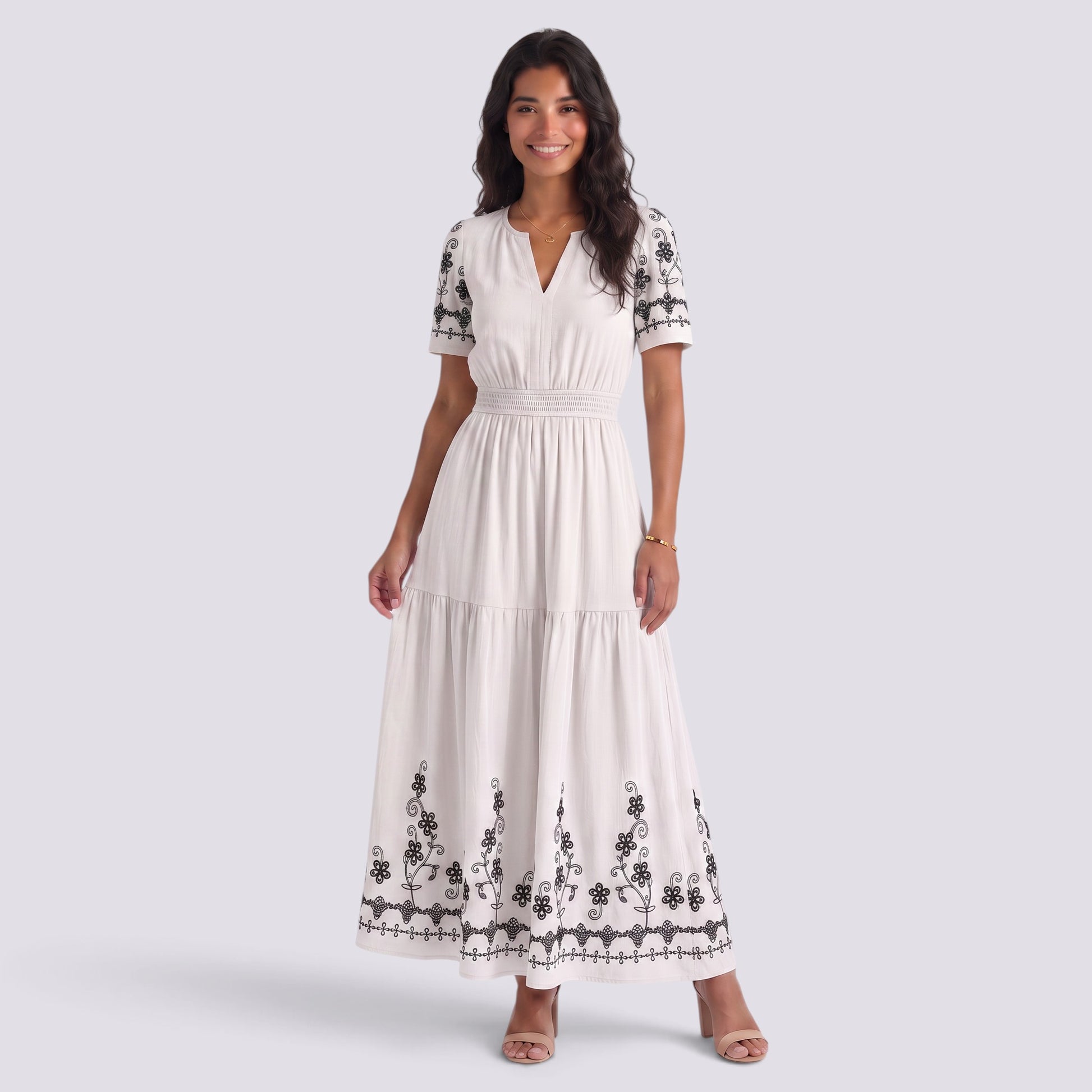 Vestido Midi Boho Bordado Mujer Escote Pico