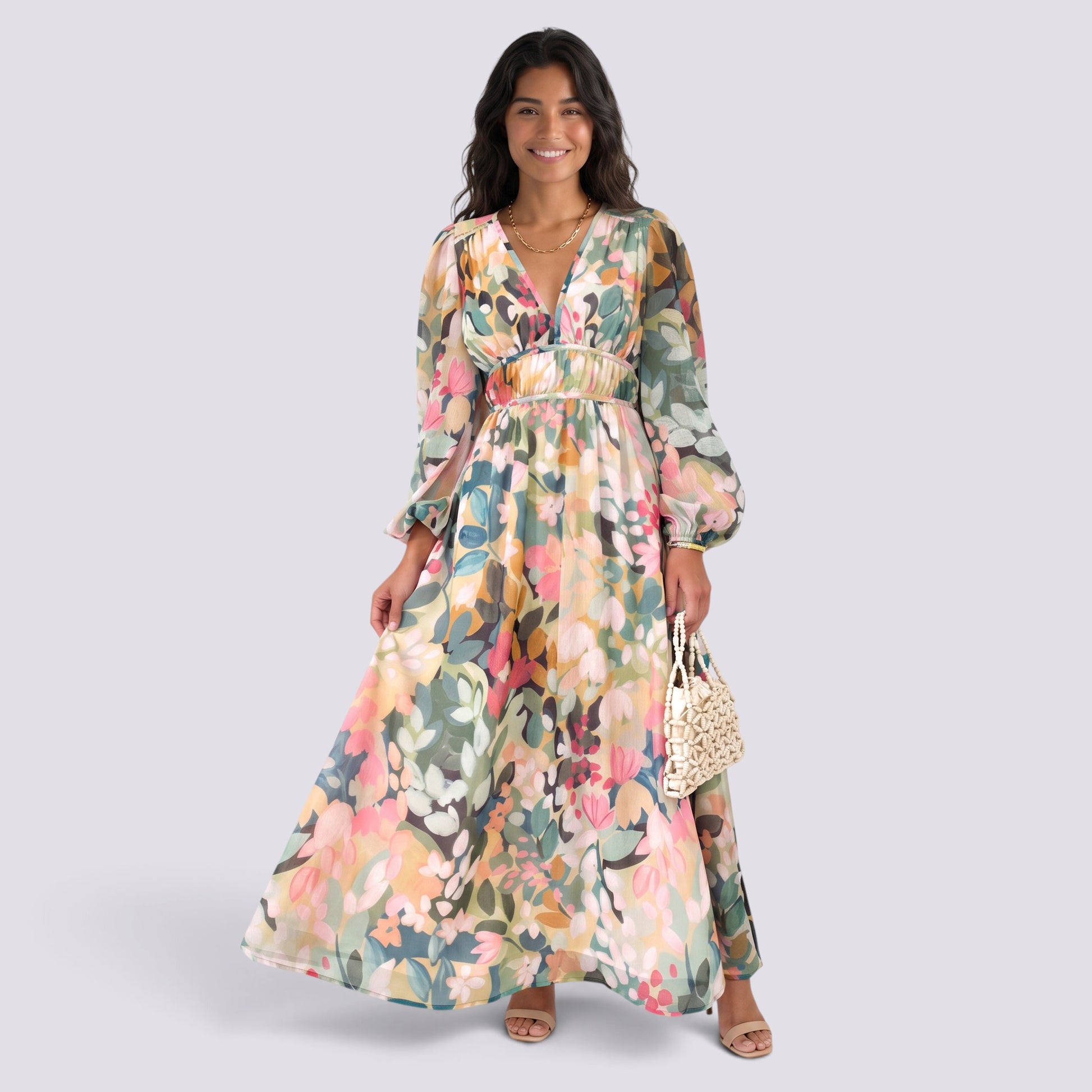 Vestido Largo Mujer Estampado Cintura Alta