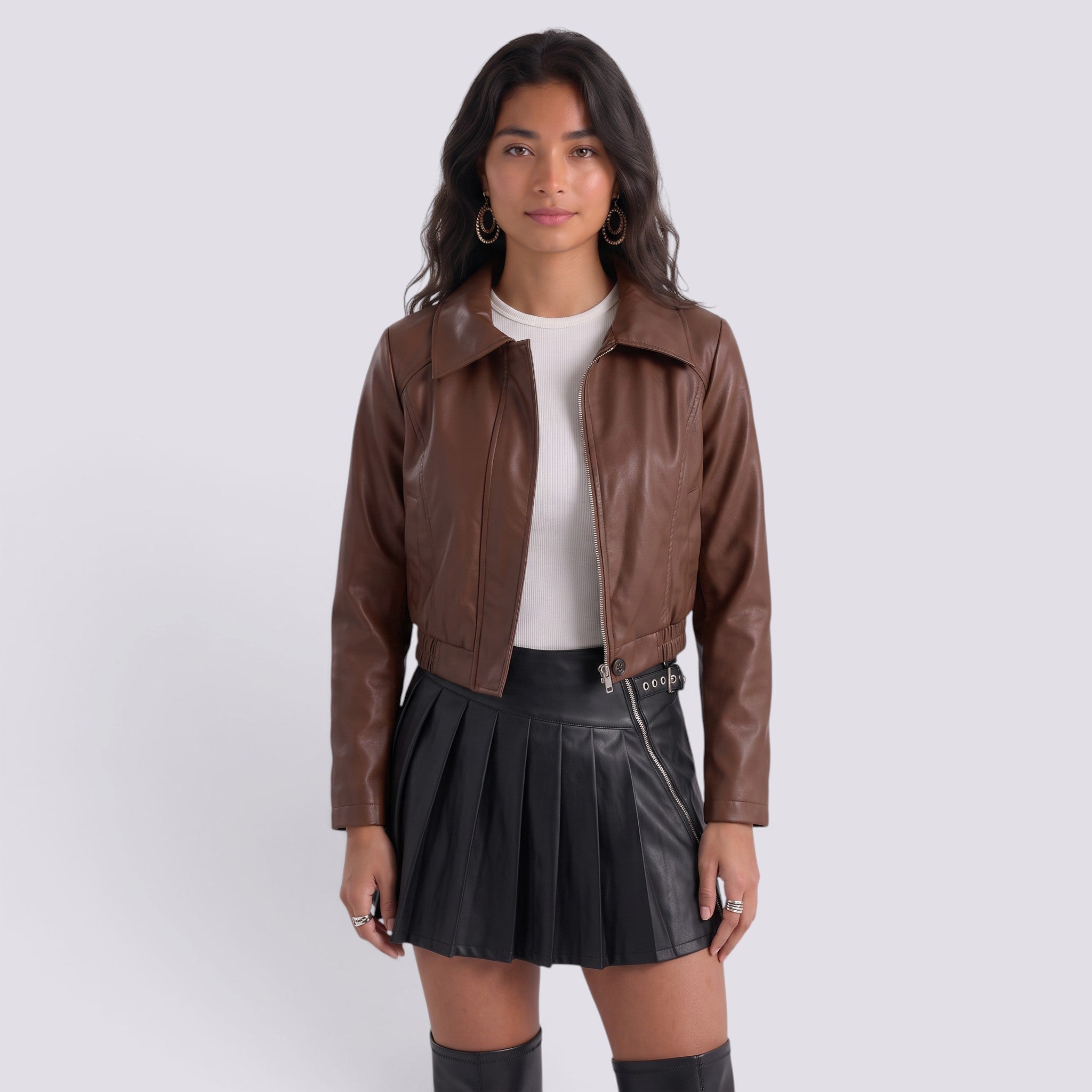 Chaqueta Mujer Corta Efecto Piel Motera Estilo