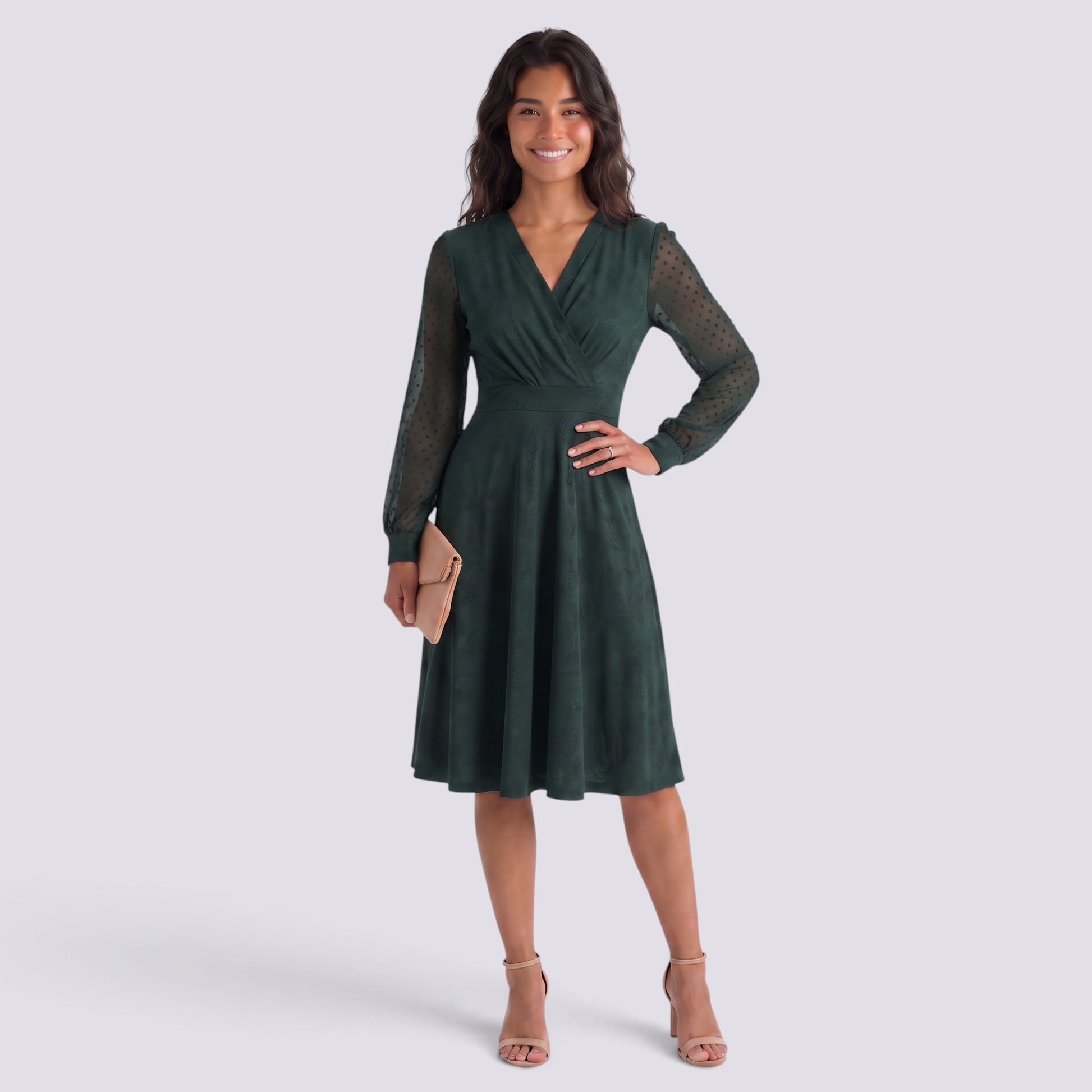 Vestido Mujer Manga Larga Elegante Cuello Pico Jacquard