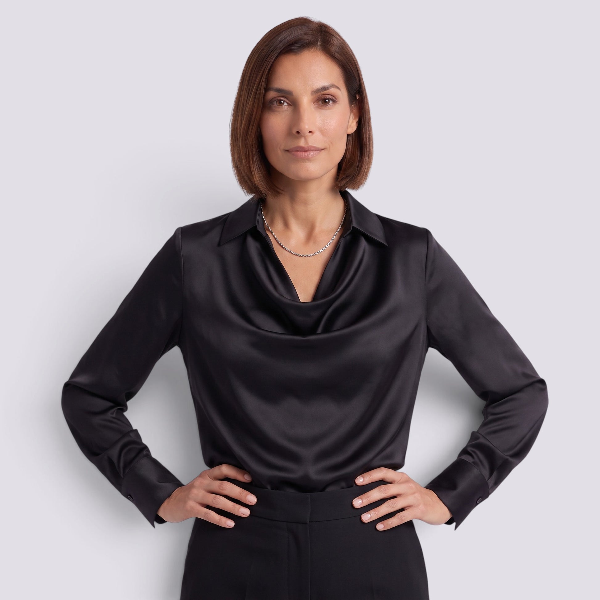 Blusa Mujer Satinada Manga Larga Cuello Drapeado