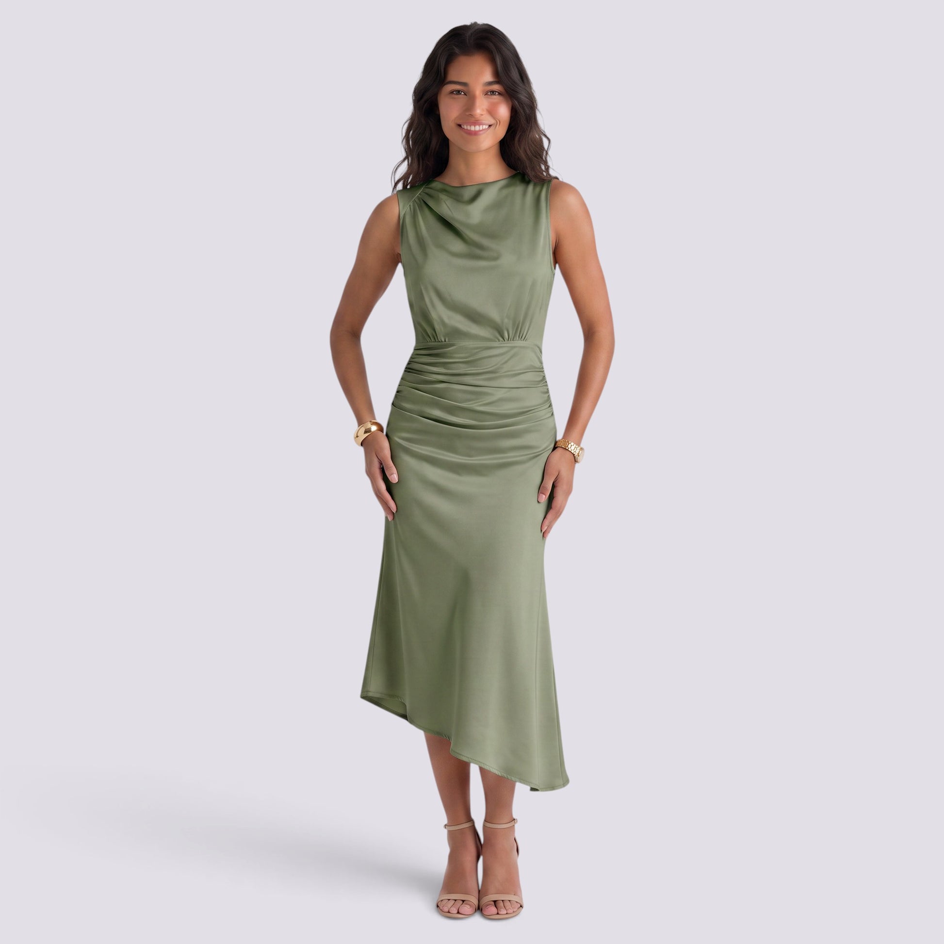 Vestido Ajustado Mujer con Fruncido Cuello Redondo