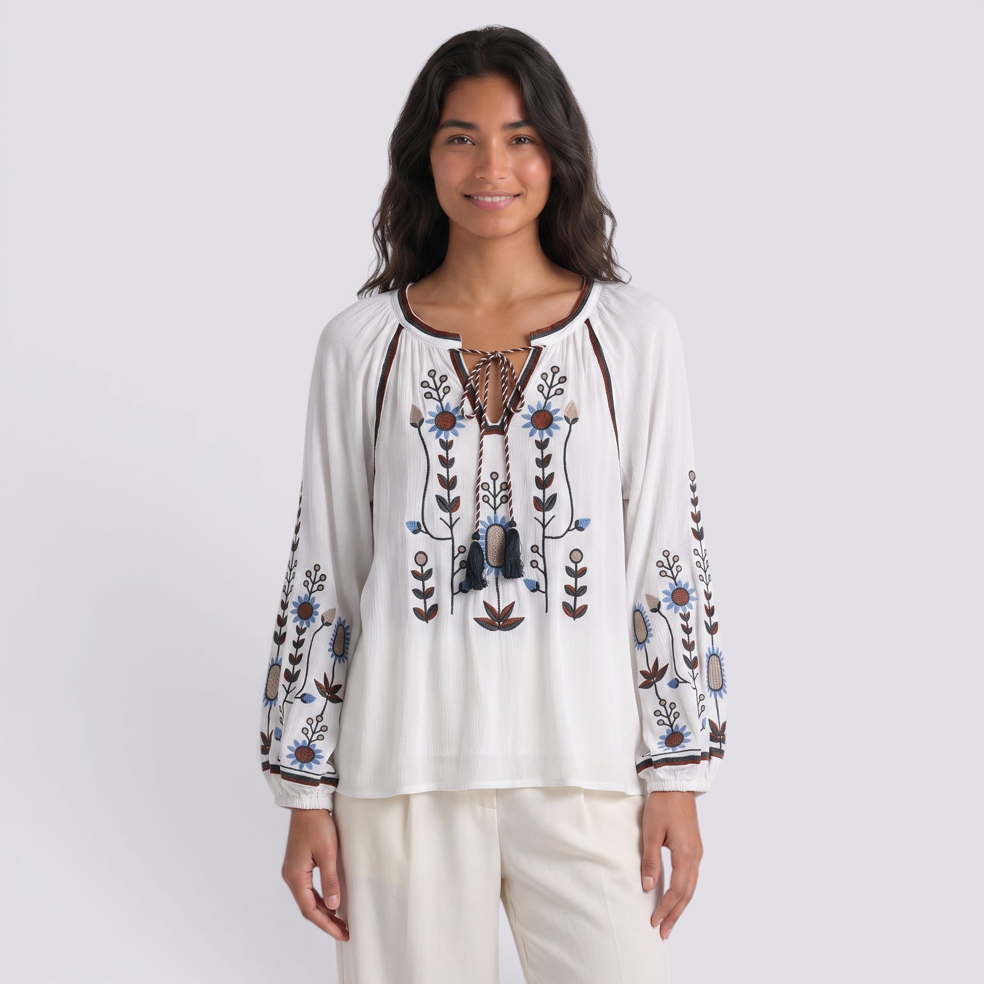 Camisa Mujer Manga Bordada Estilo Boho Abullonada
