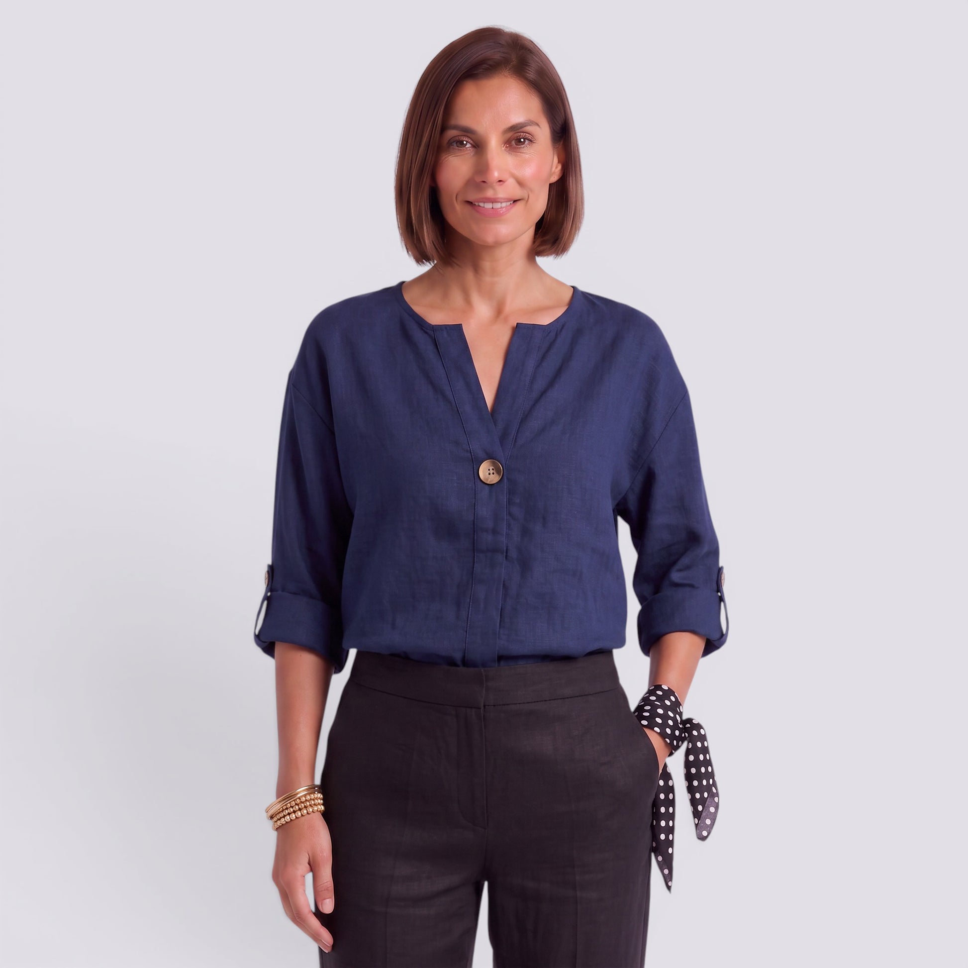 Blusa Mujer Elegante Manga Larga Escote Pico Botonada