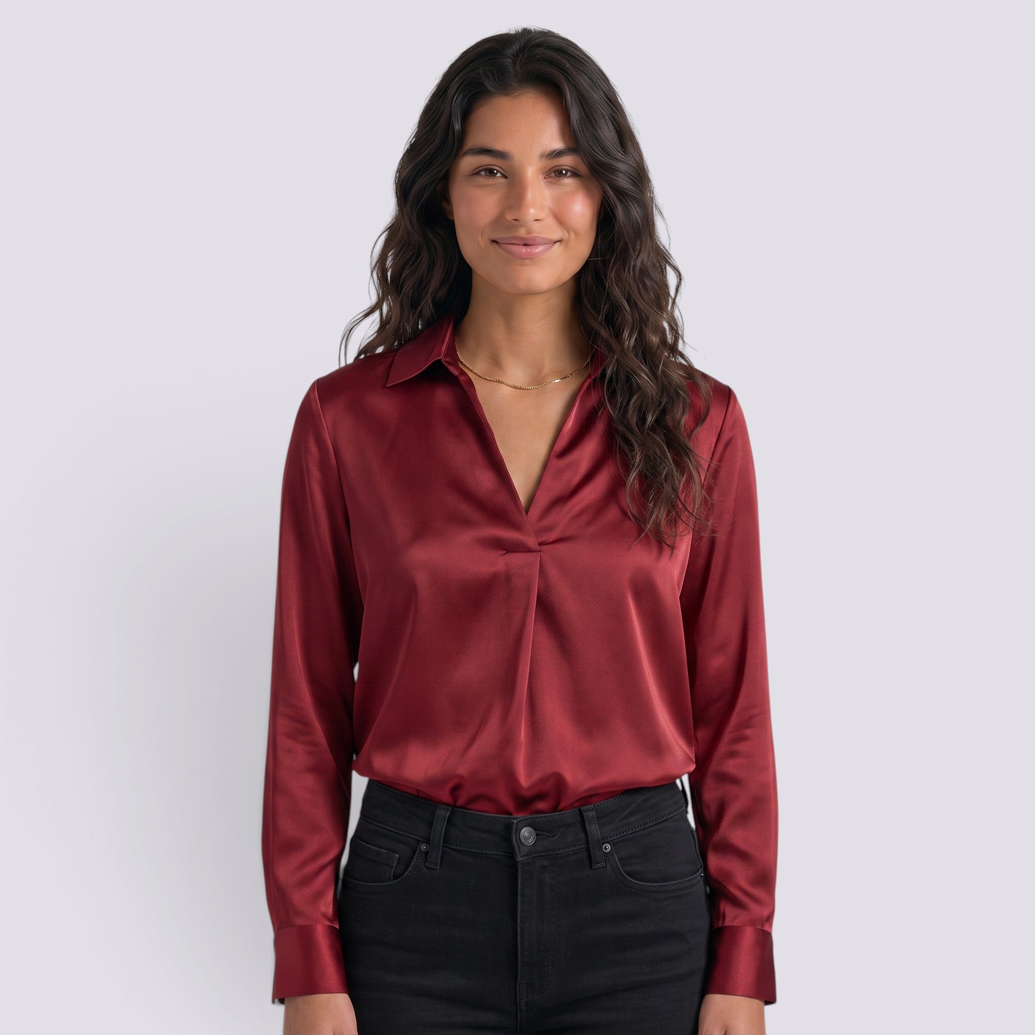 Camisa Mujer Satinada Cuello V Manga Larga