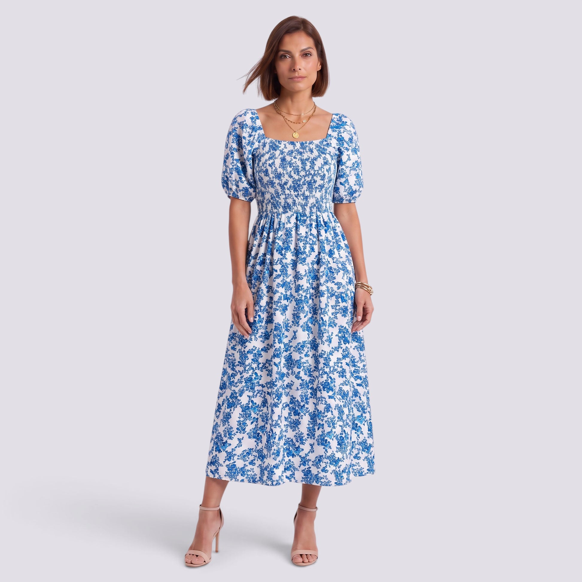 Vestido Floral Mujer Elegante Manga Corta Talle Alto