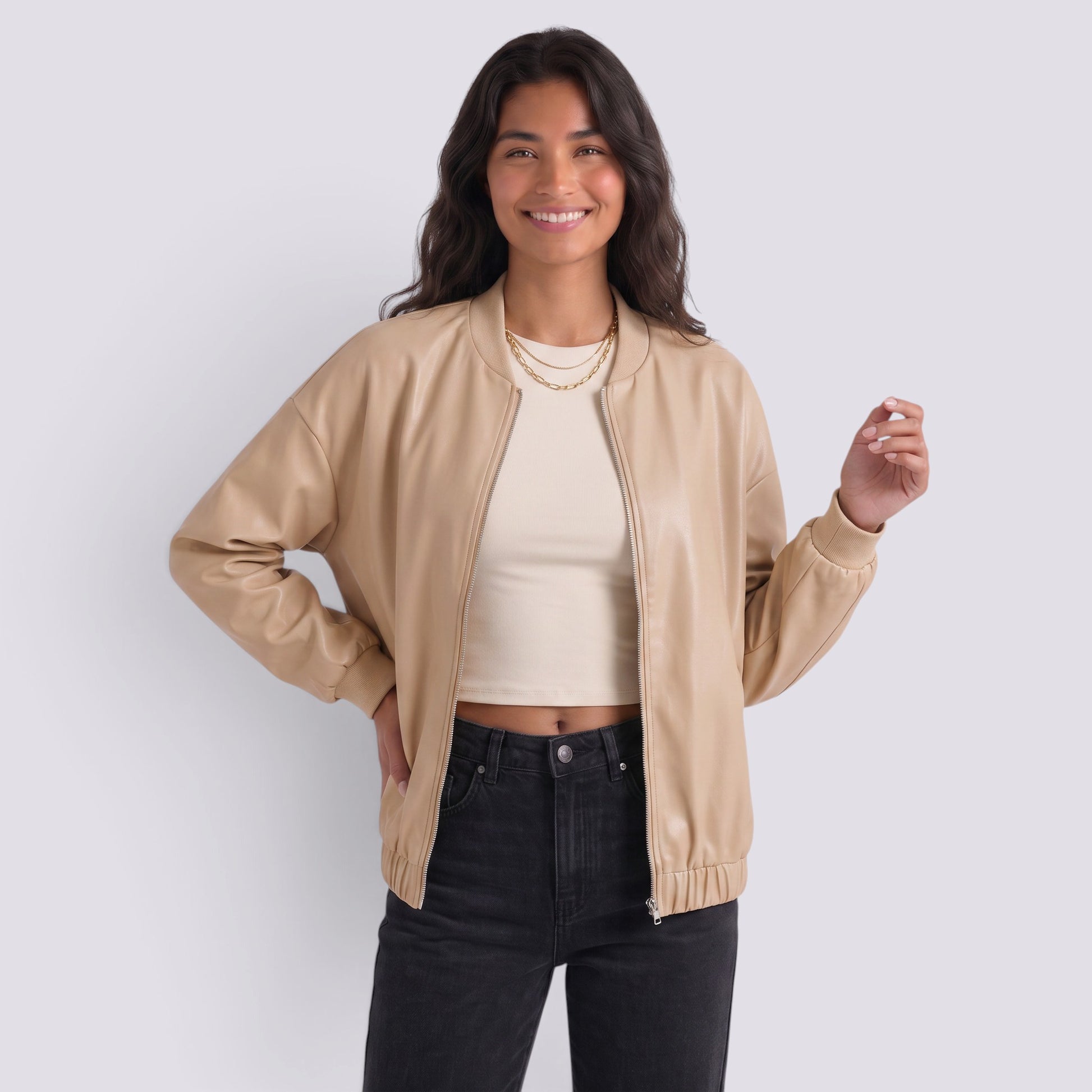 Chaqueta Cuero Mujer Corta Motera Efecto Piel