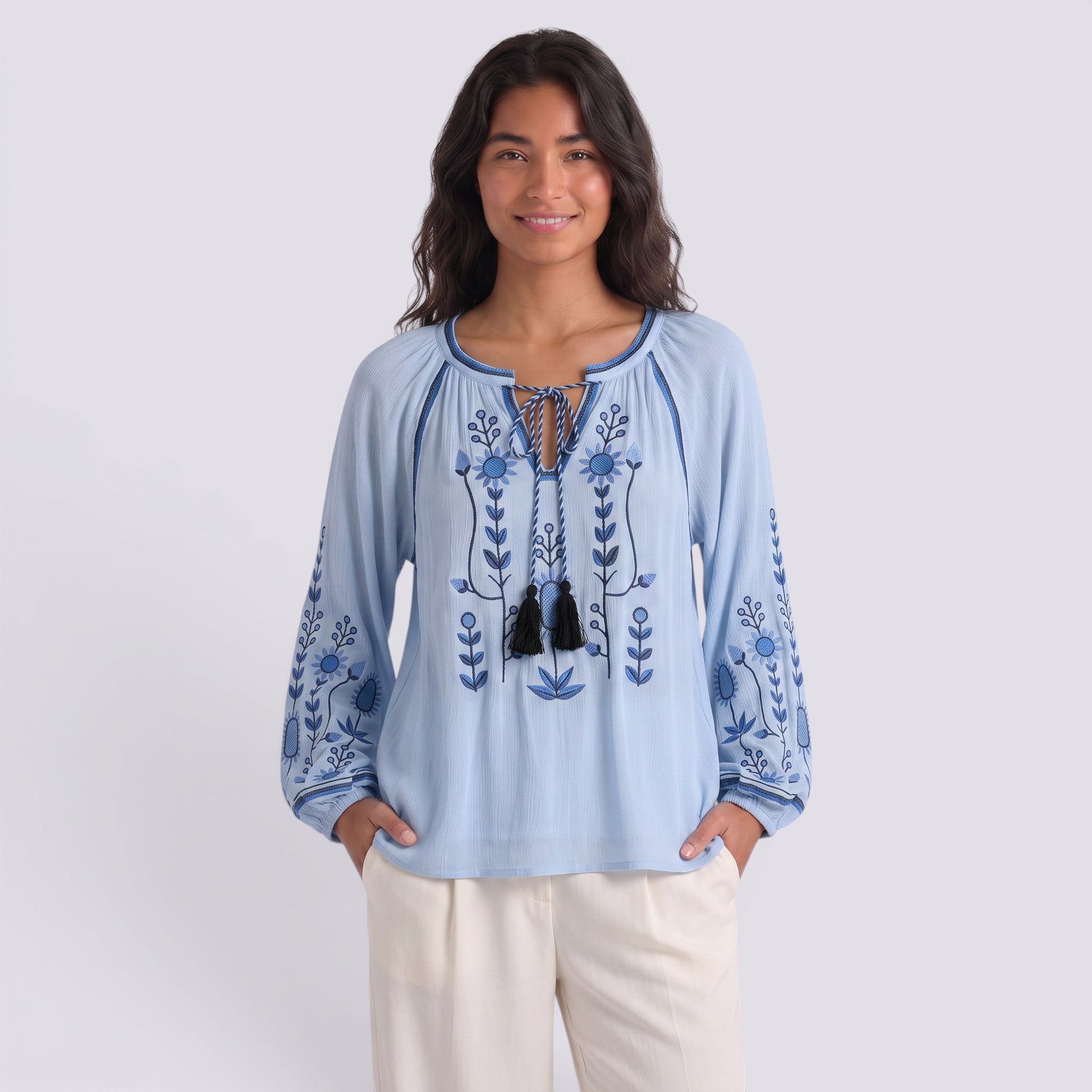 Camisa Mujer Manga Bordada Estilo Boho Abullonada