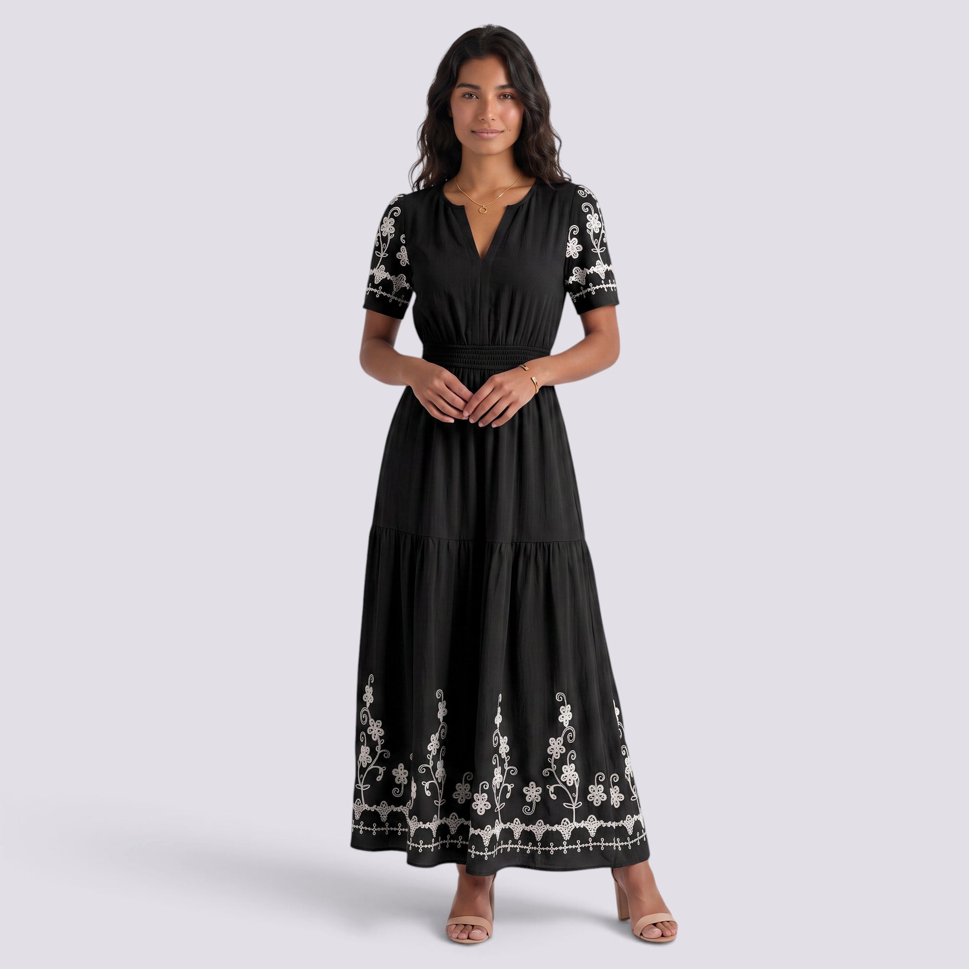 Vestido Midi Boho Bordado Mujer Escote Pico