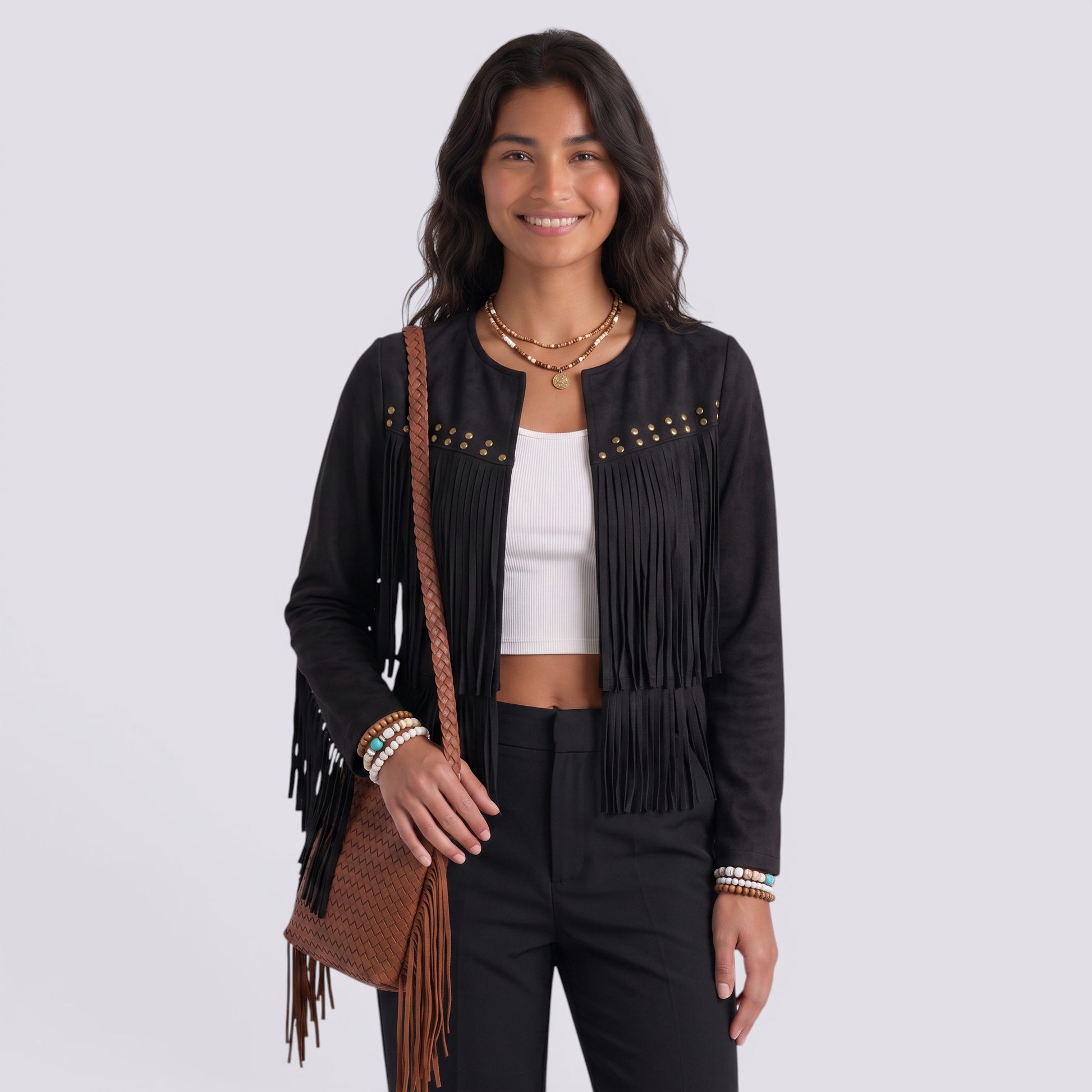 Chaqueta Mujer Corto de Flecos y Tachuelas