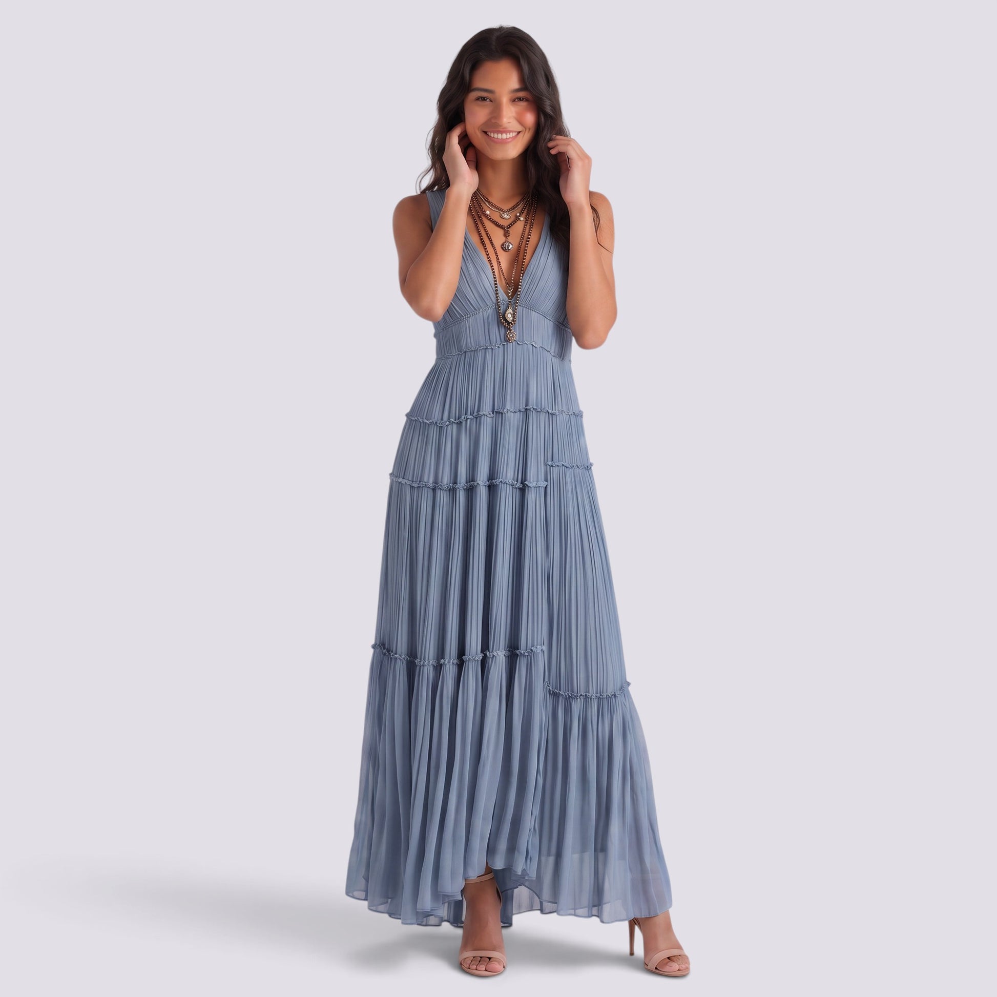 Vestido Midi Mujer Plisado Elegante