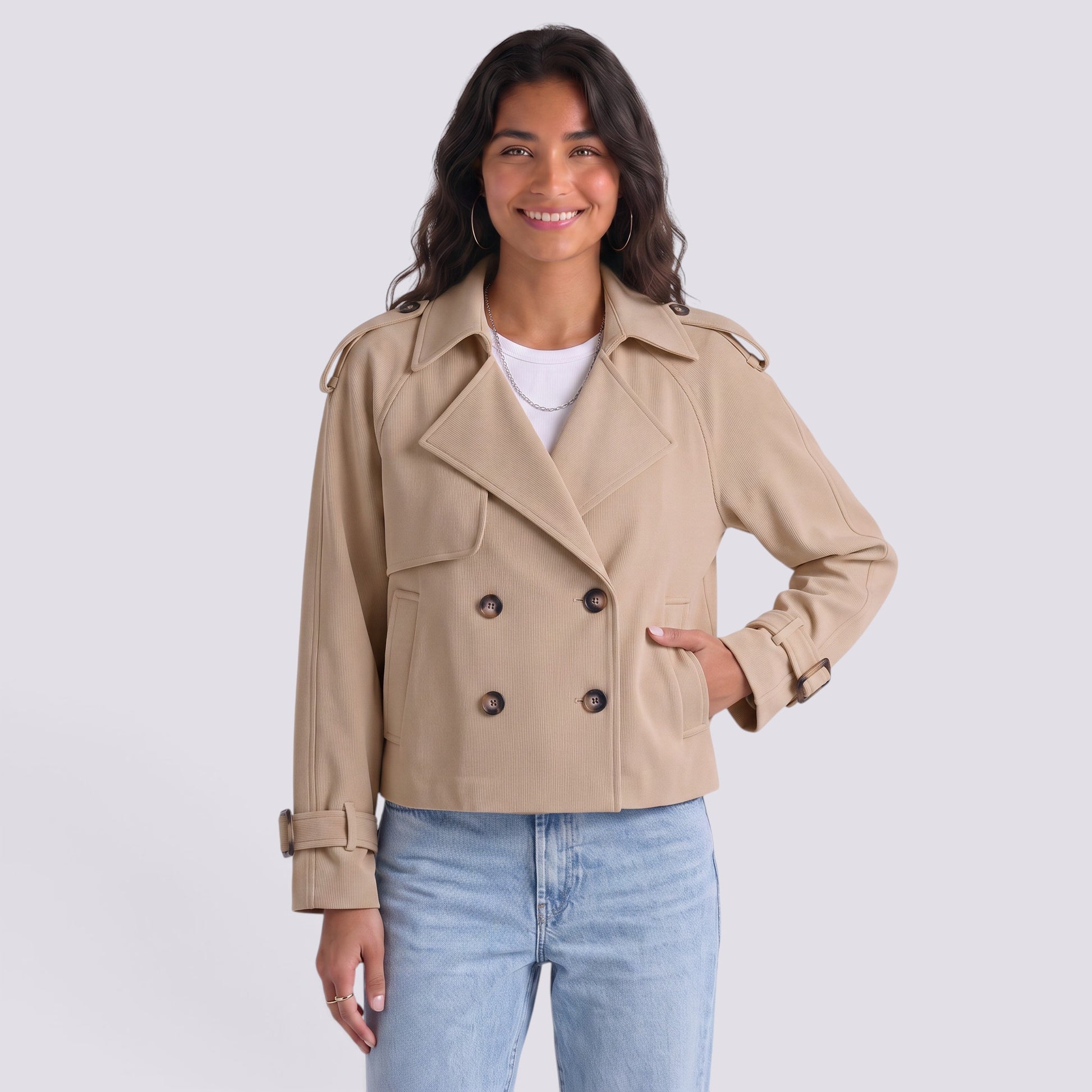 Chaqueta Mujer Estilo Gabardina Corta Doble Botonadura