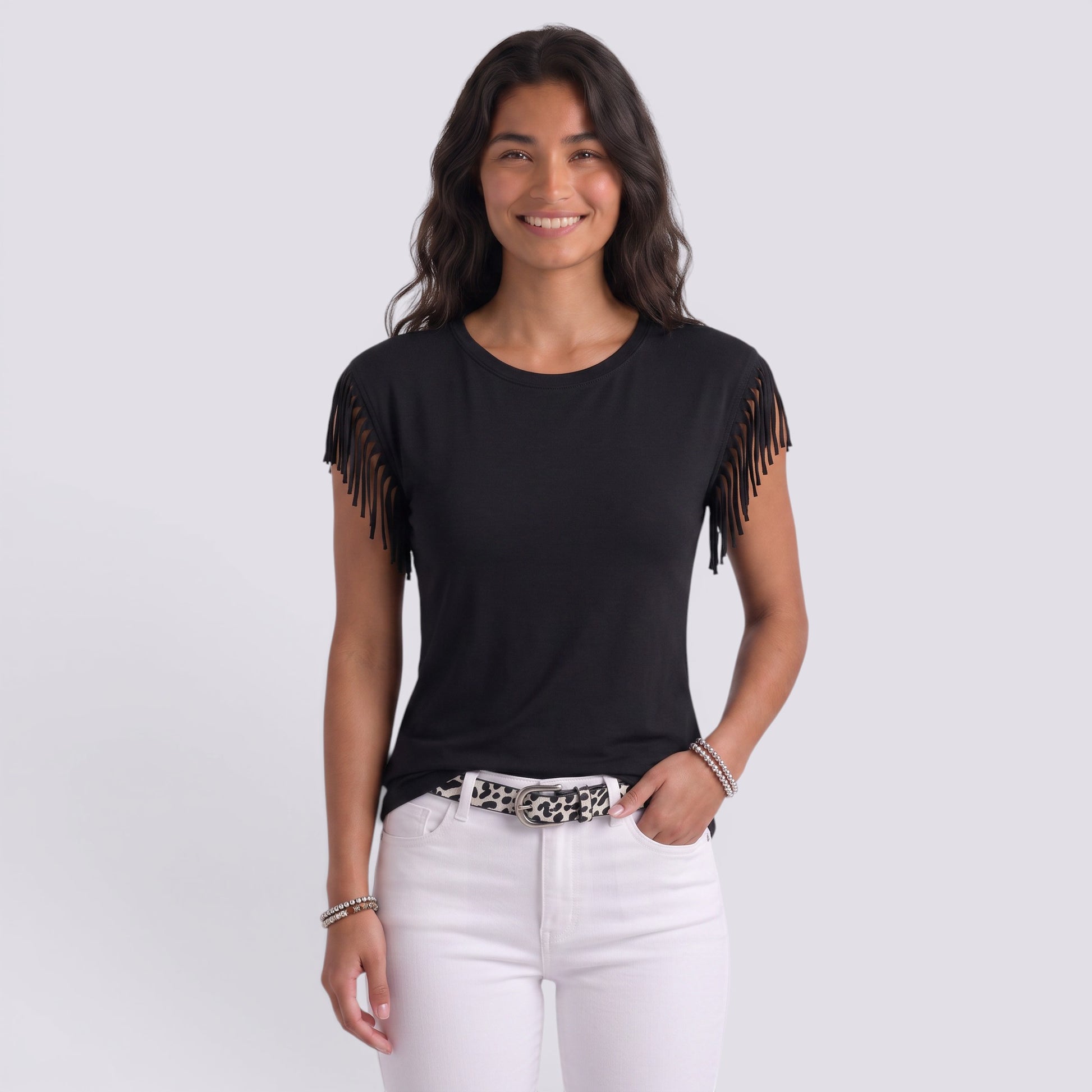 Camiseta Mujer Manga Corta Puños Borlas Camiseta con Flecos