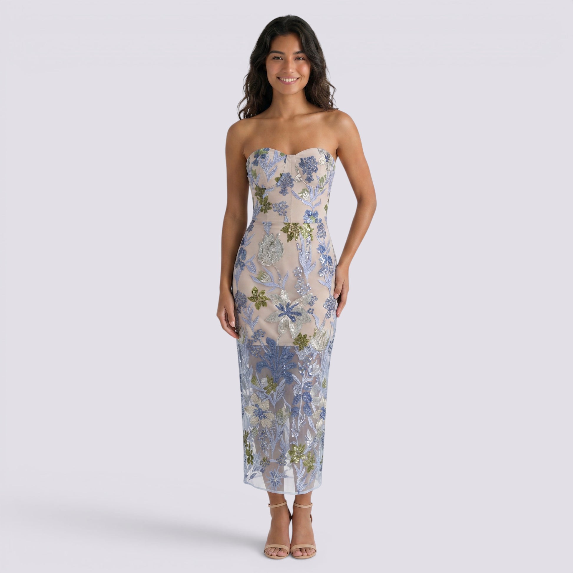 Vestido Largo Bordado Pedrería Mujer