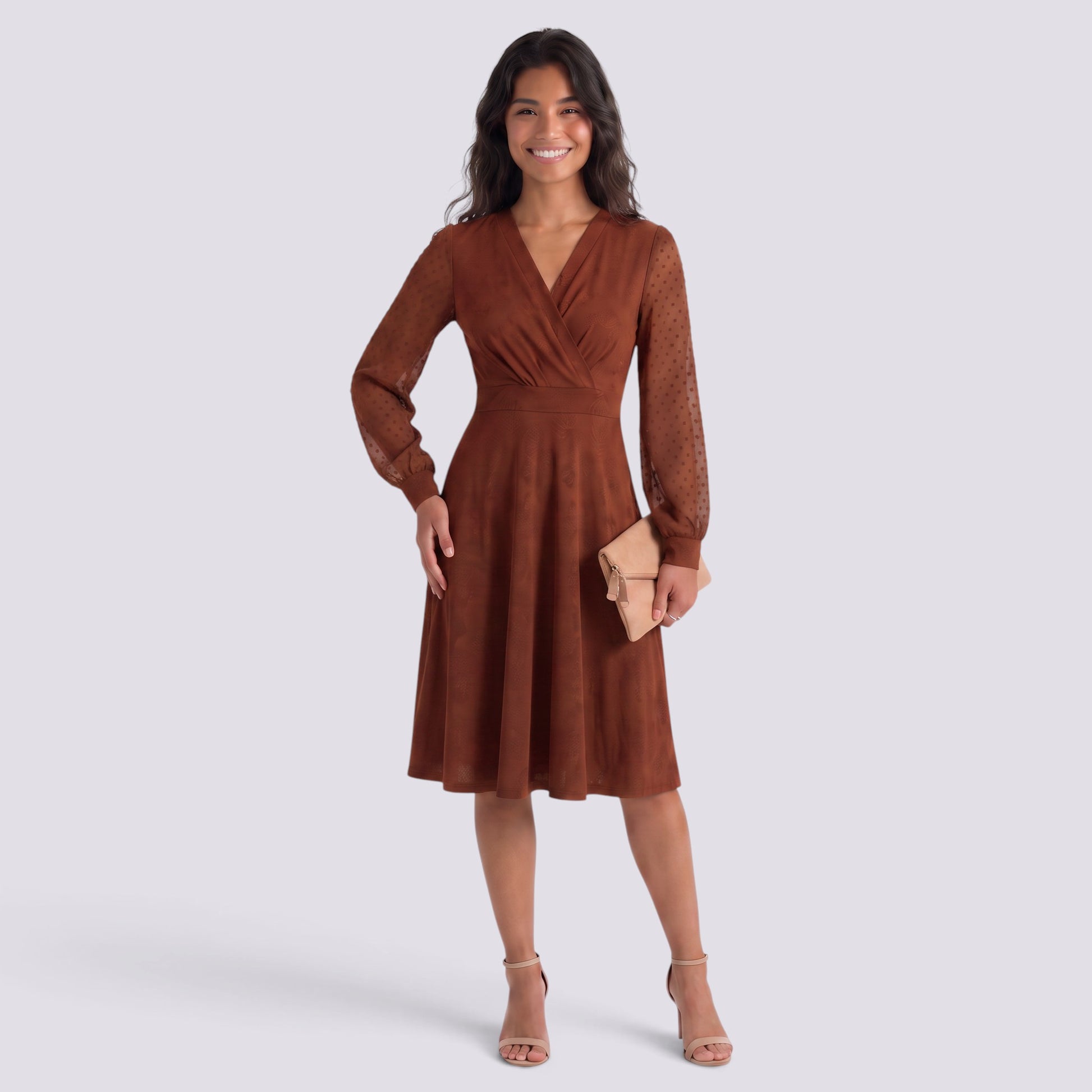 Vestido Mujer Manga Larga Elegante Cuello Pico Jacquard