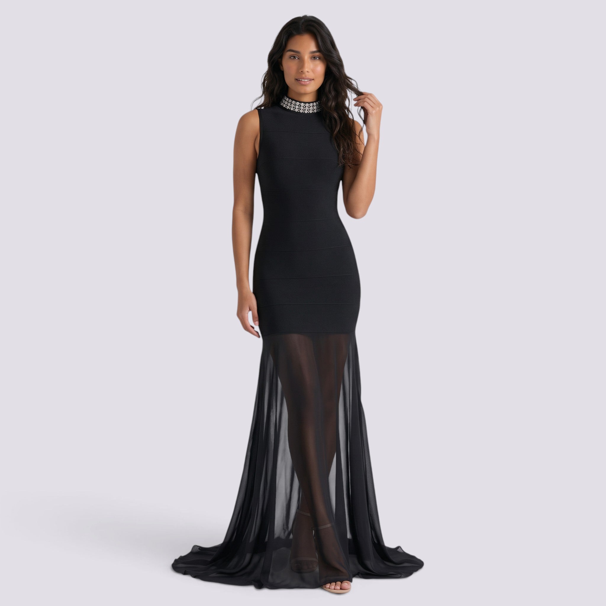 Vestido Largo Fiesta Pedrería Cuello Alto