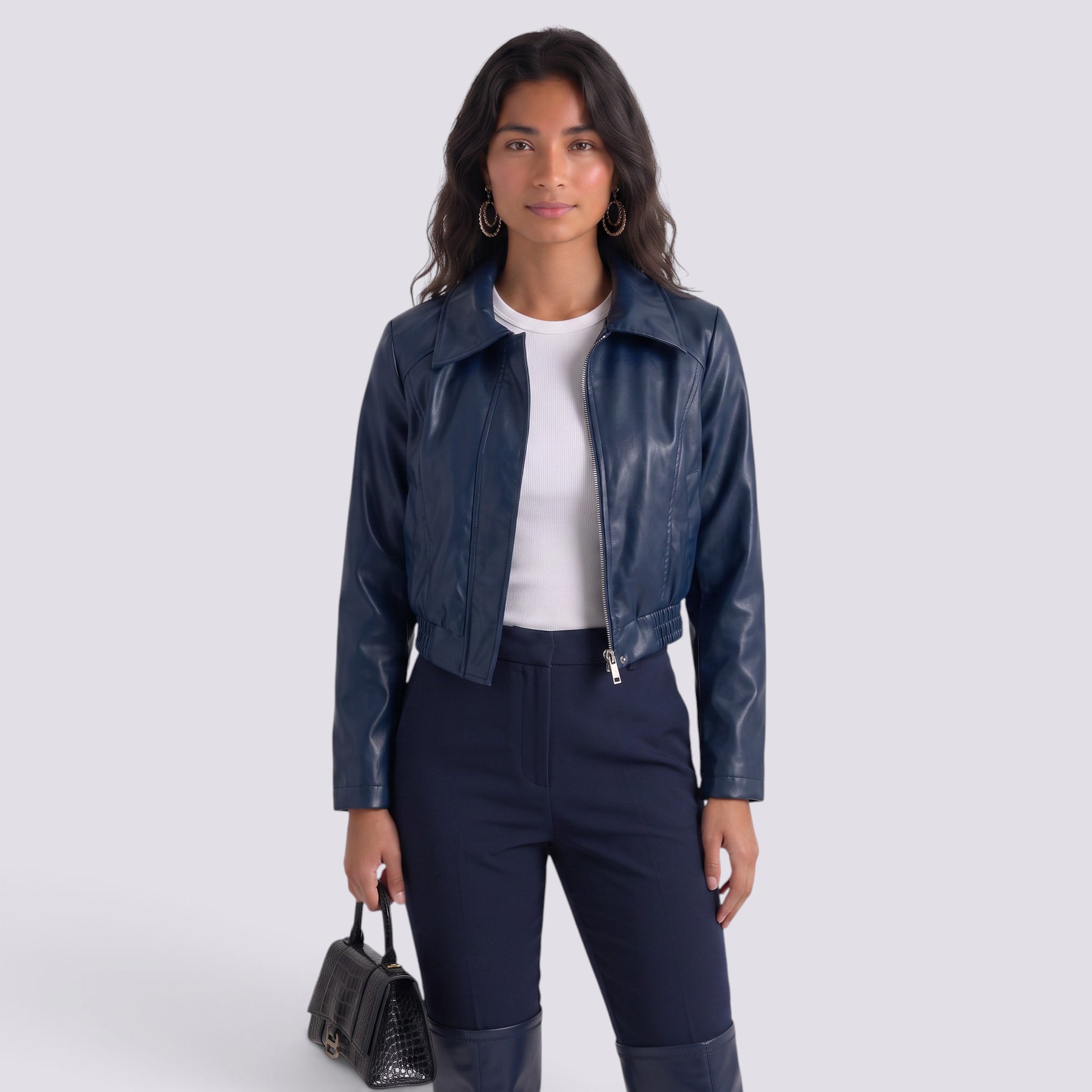 Chaqueta Mujer Corta Efecto Piel Motera Estilo
