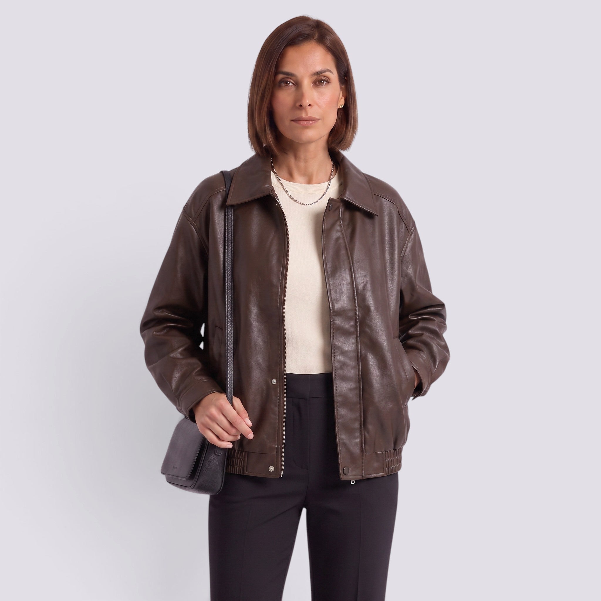 Chaqueta Mujer Oversize con Solapa Cuero Estilo Retro