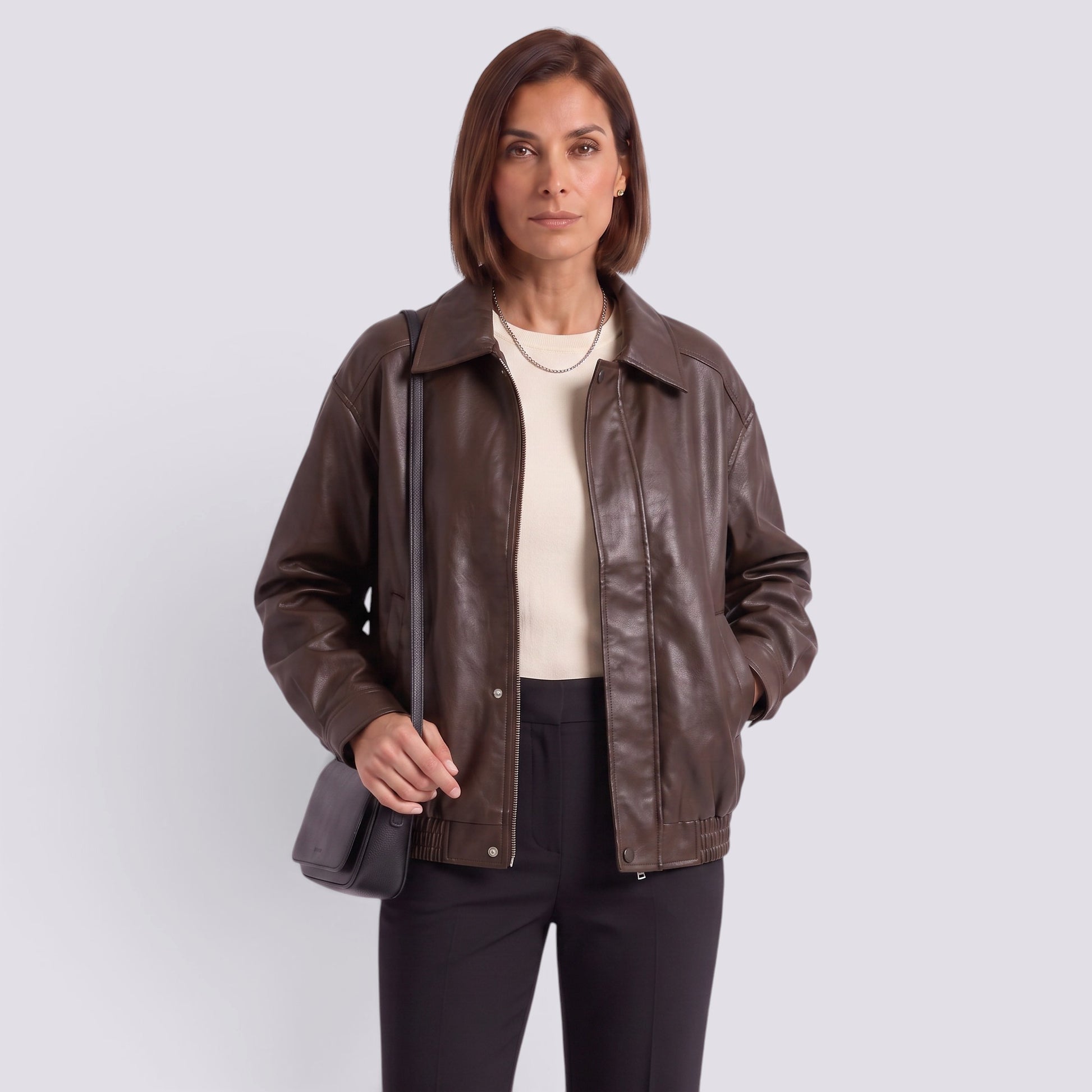 Chaqueta Mujer Oversize con Solapa Cuero Estilo Retro