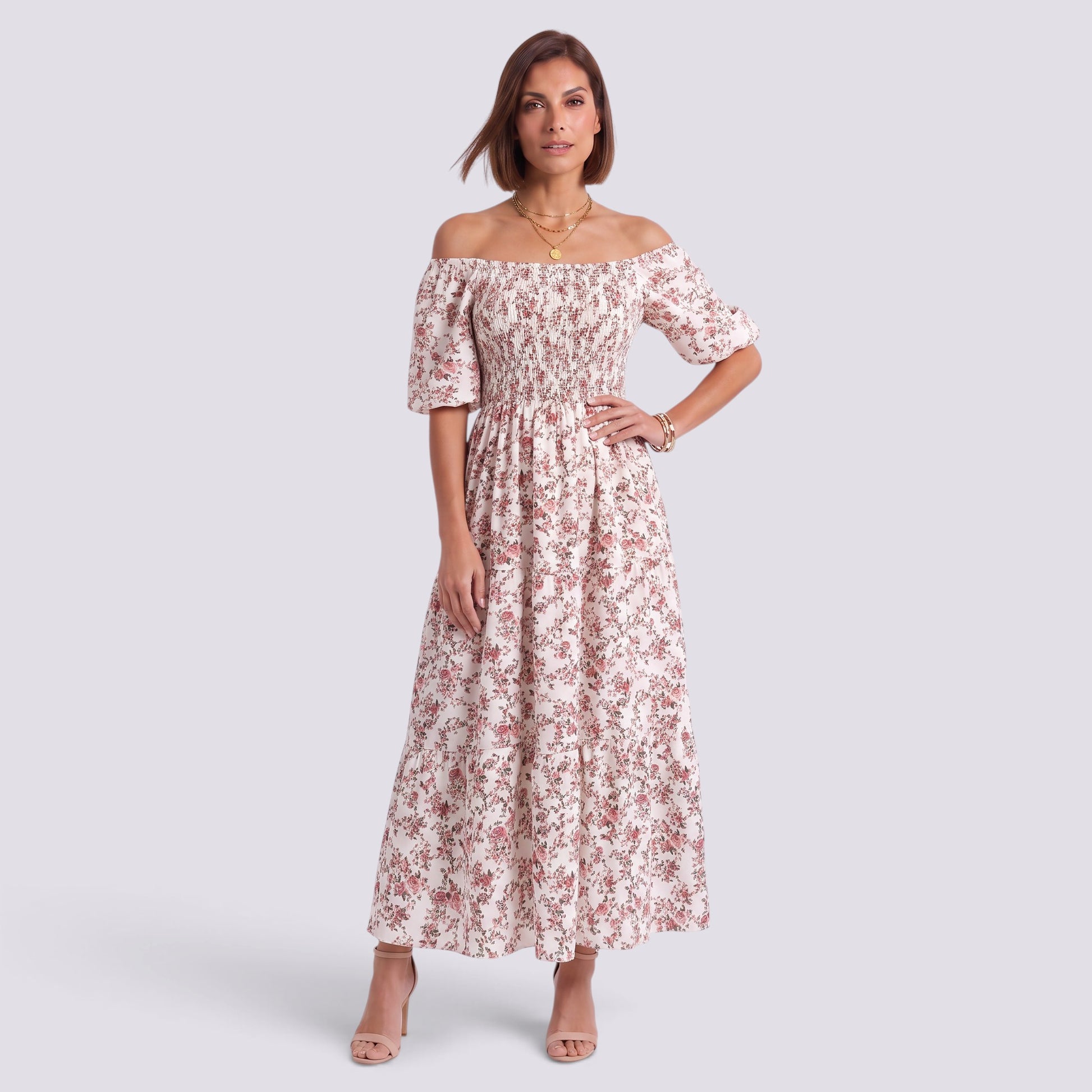 Vestido Floral Mujer Elegante Manga Corta Talle Alto