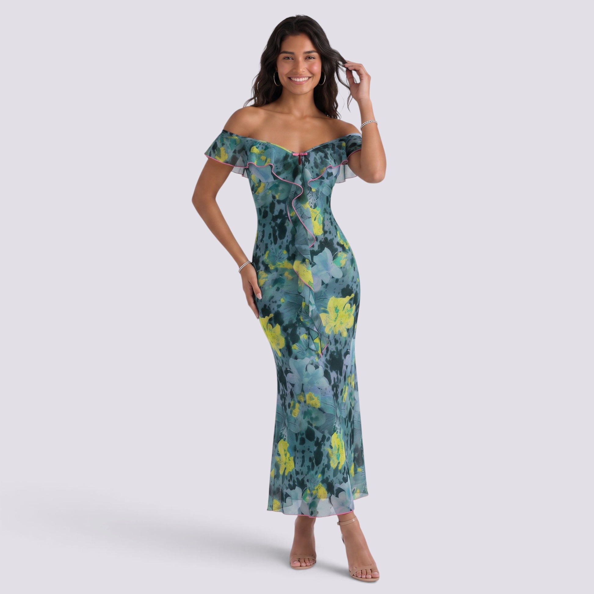 Vestido Estampado de Fiesta Palabra de Honor Cordones