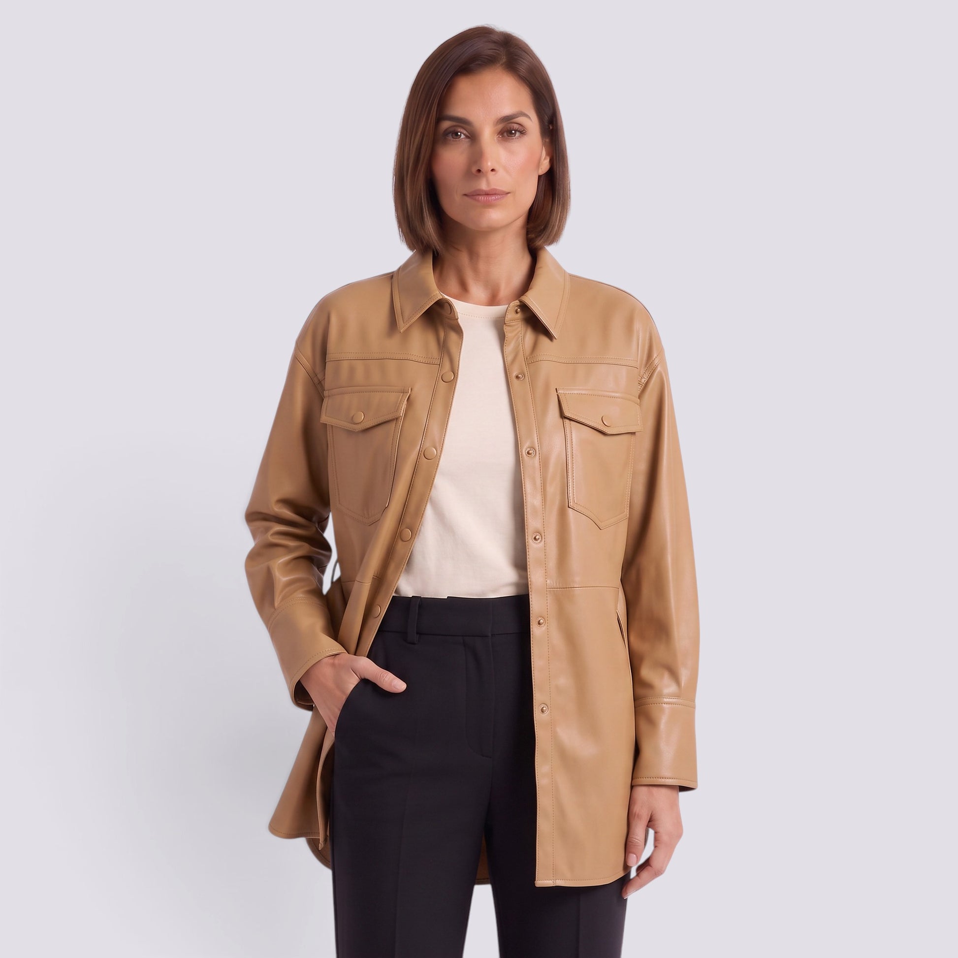 Chaqueta Mujer Efecto Piel con Cinturón Entallada