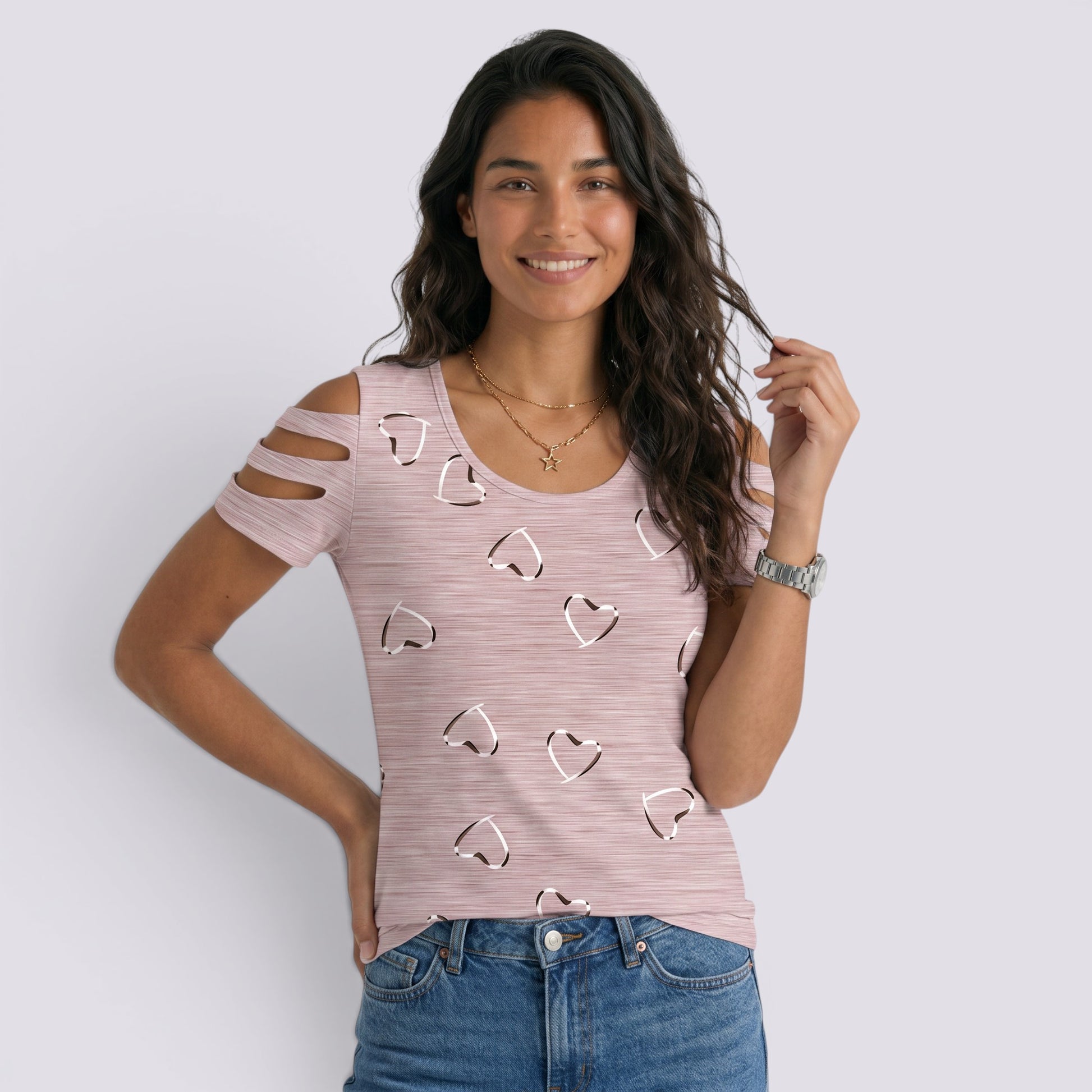Camiseta Mujer Hombros Descubiertos Corazones
