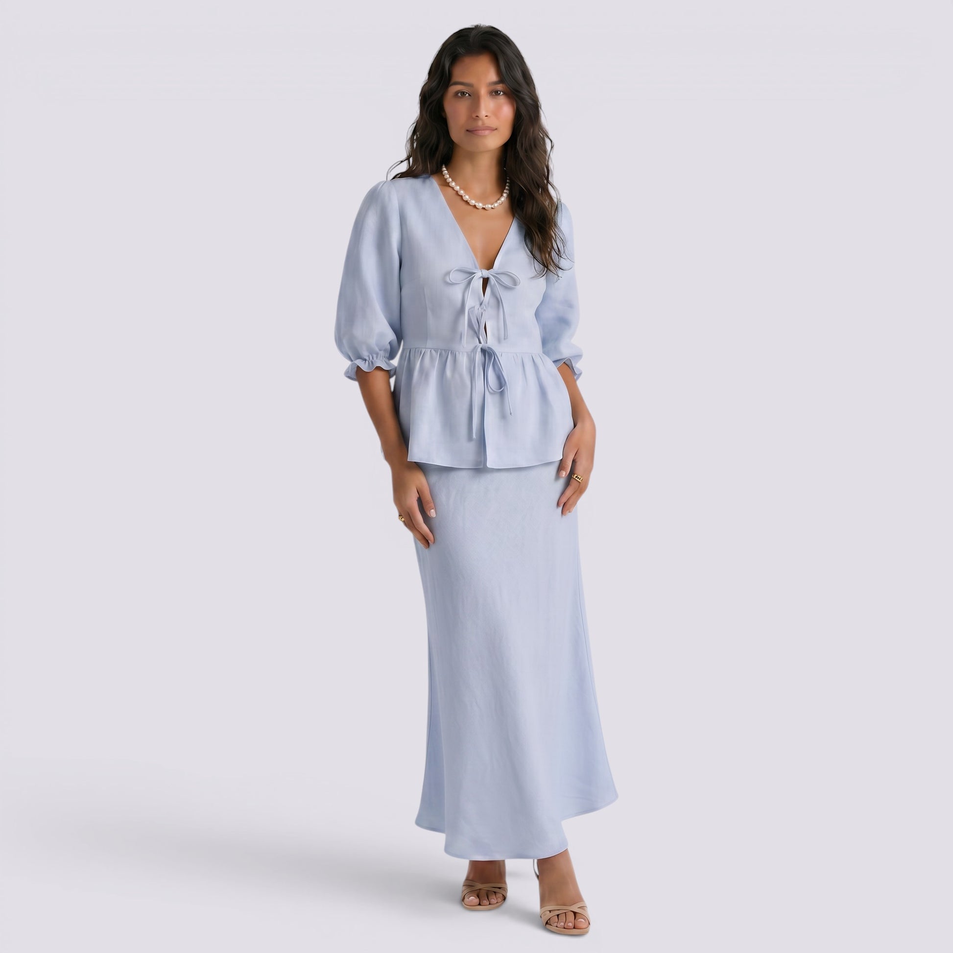 Conjunto Top Cruzado Manga Globo Mujer