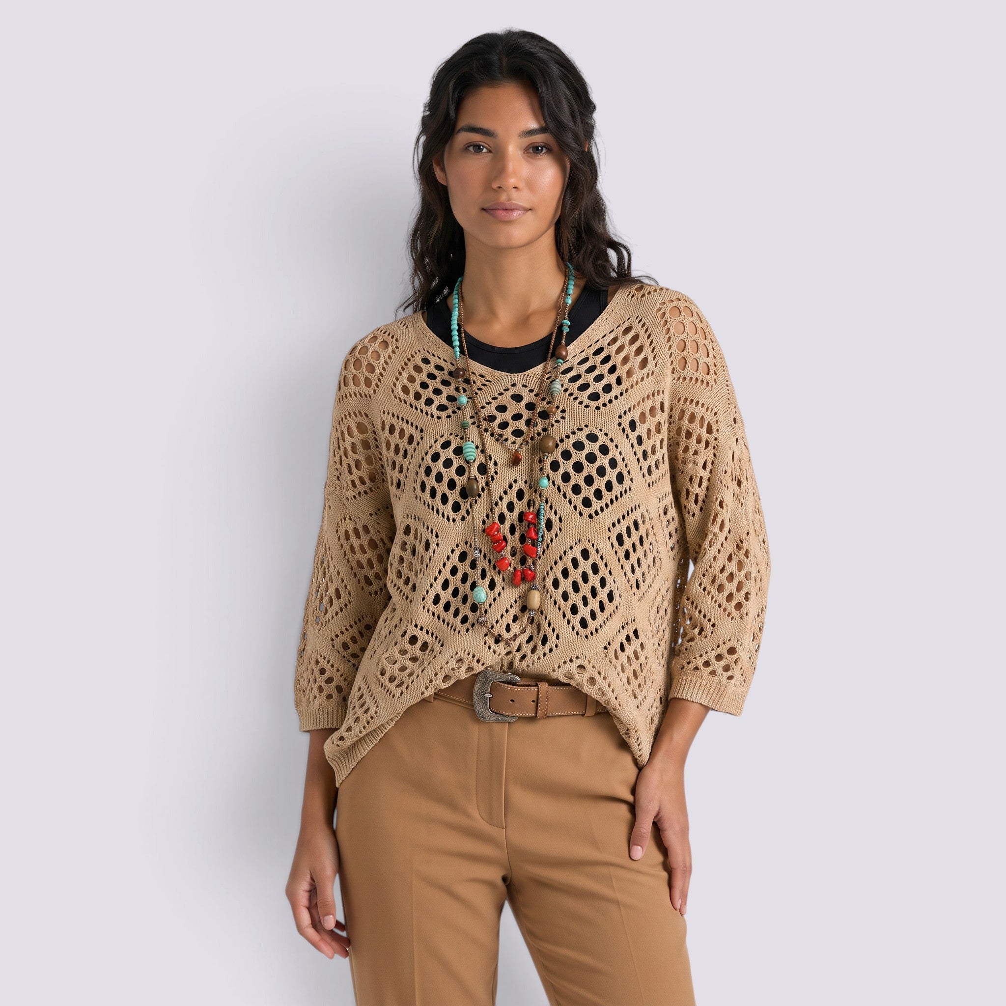 Blusa Mujer Punto Calado Manga Larga Elegante