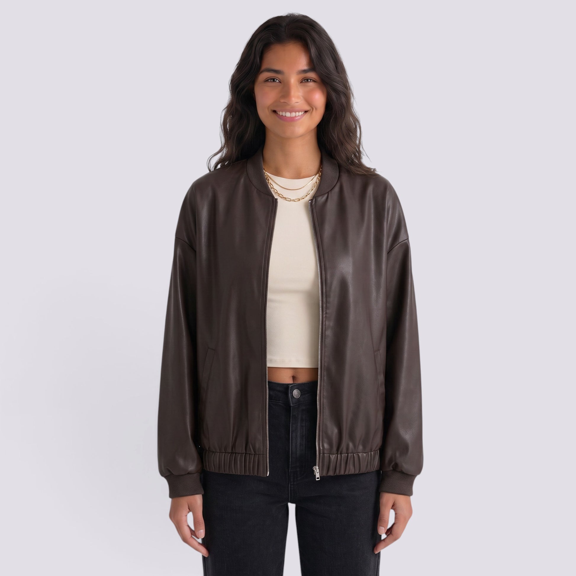 Chaqueta Cuero Mujer Corta Motera Efecto Piel