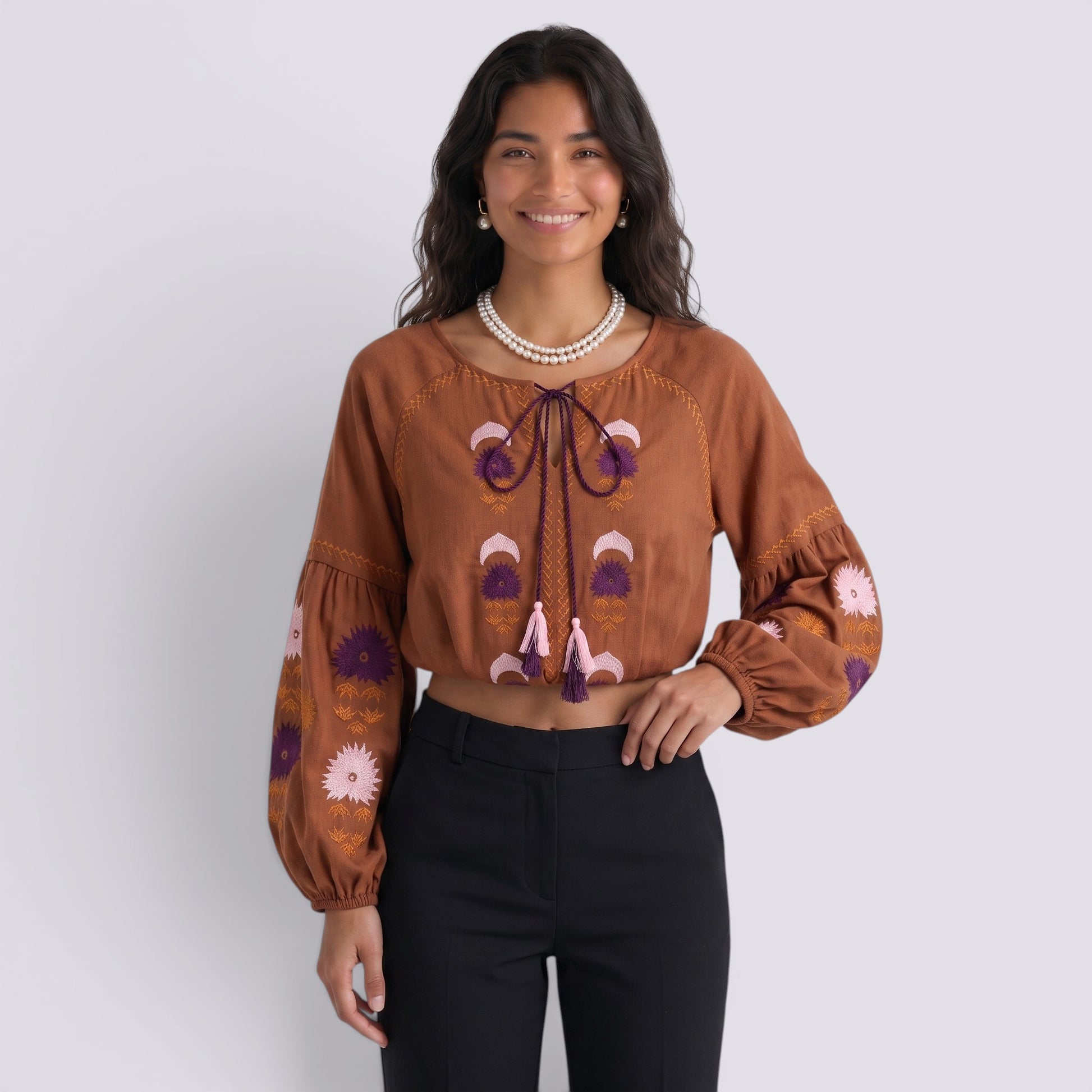 Camisa Bordada Mujer Manga Larga Boho Estilo