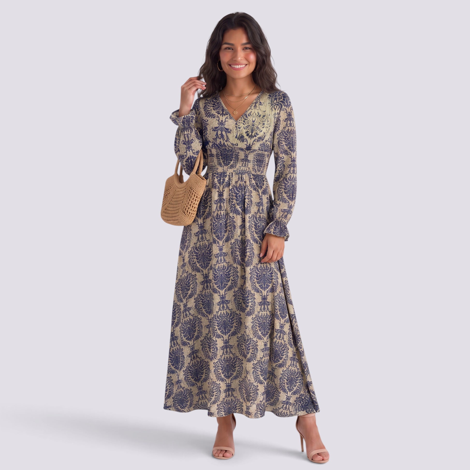 Vestido Estampado Mujer Manga Larga Escote V