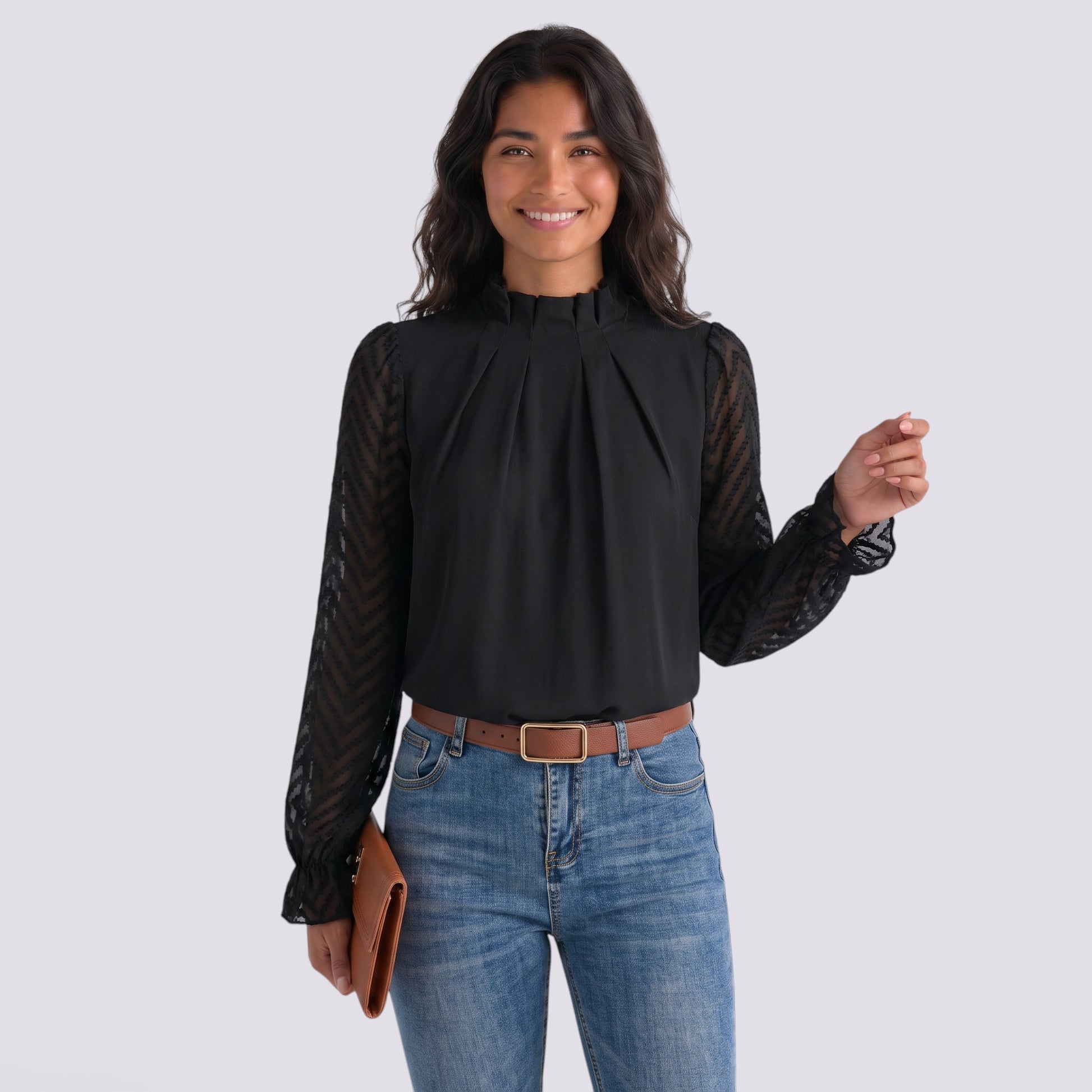 Blusa Mujer Cuello Alto Manga Larga Ondulada