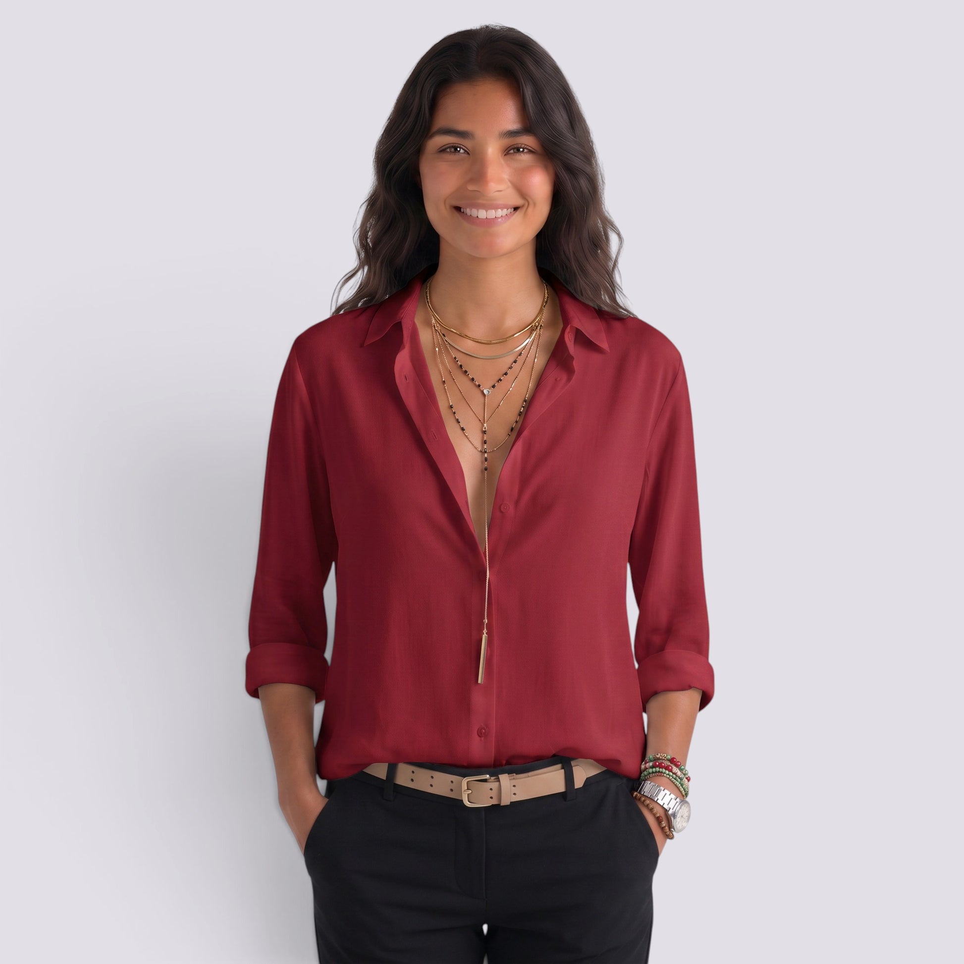 Camisa Mujer Manga Larga Escote V Botonada