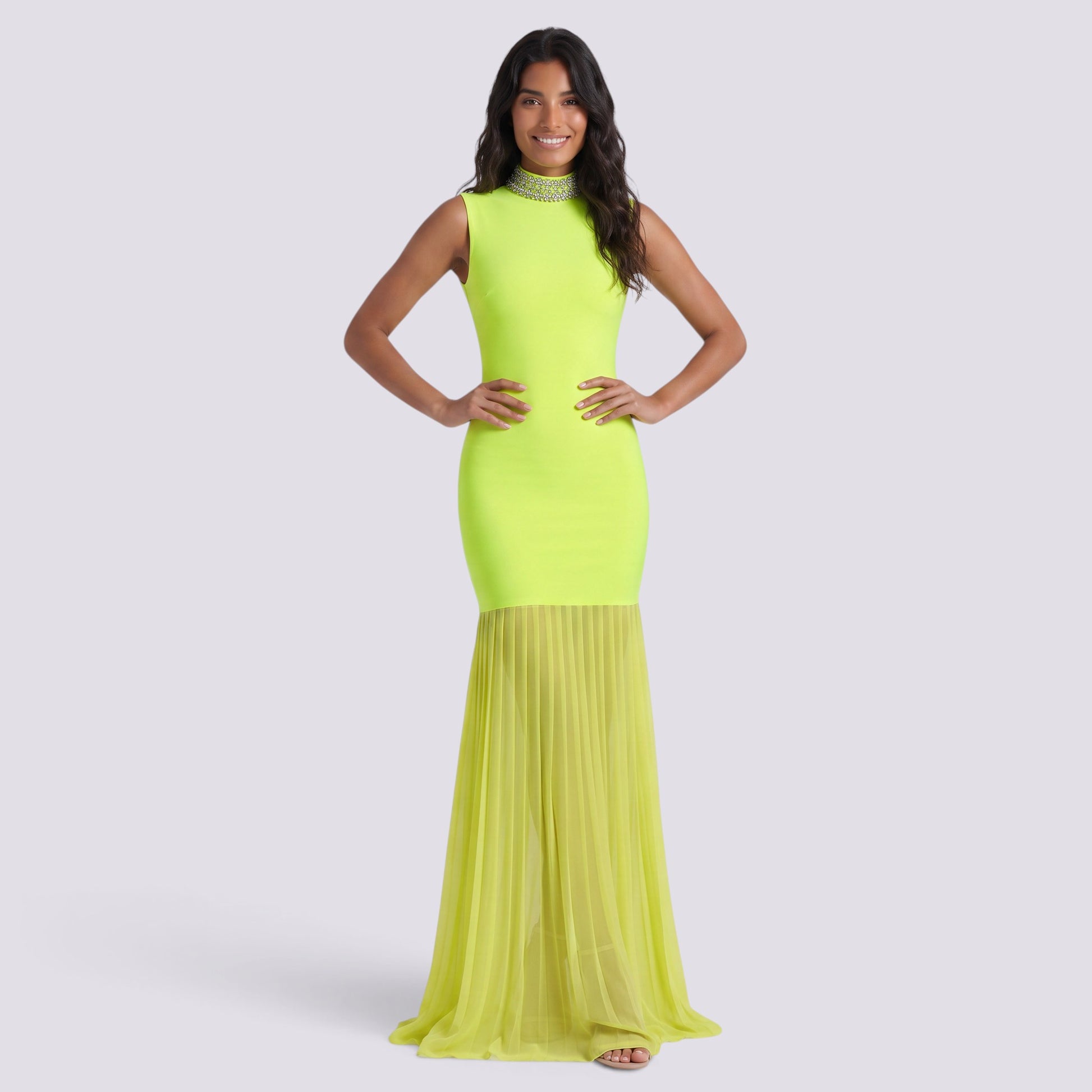 Vestido Largo Fiesta Pedrería Cuello Alto