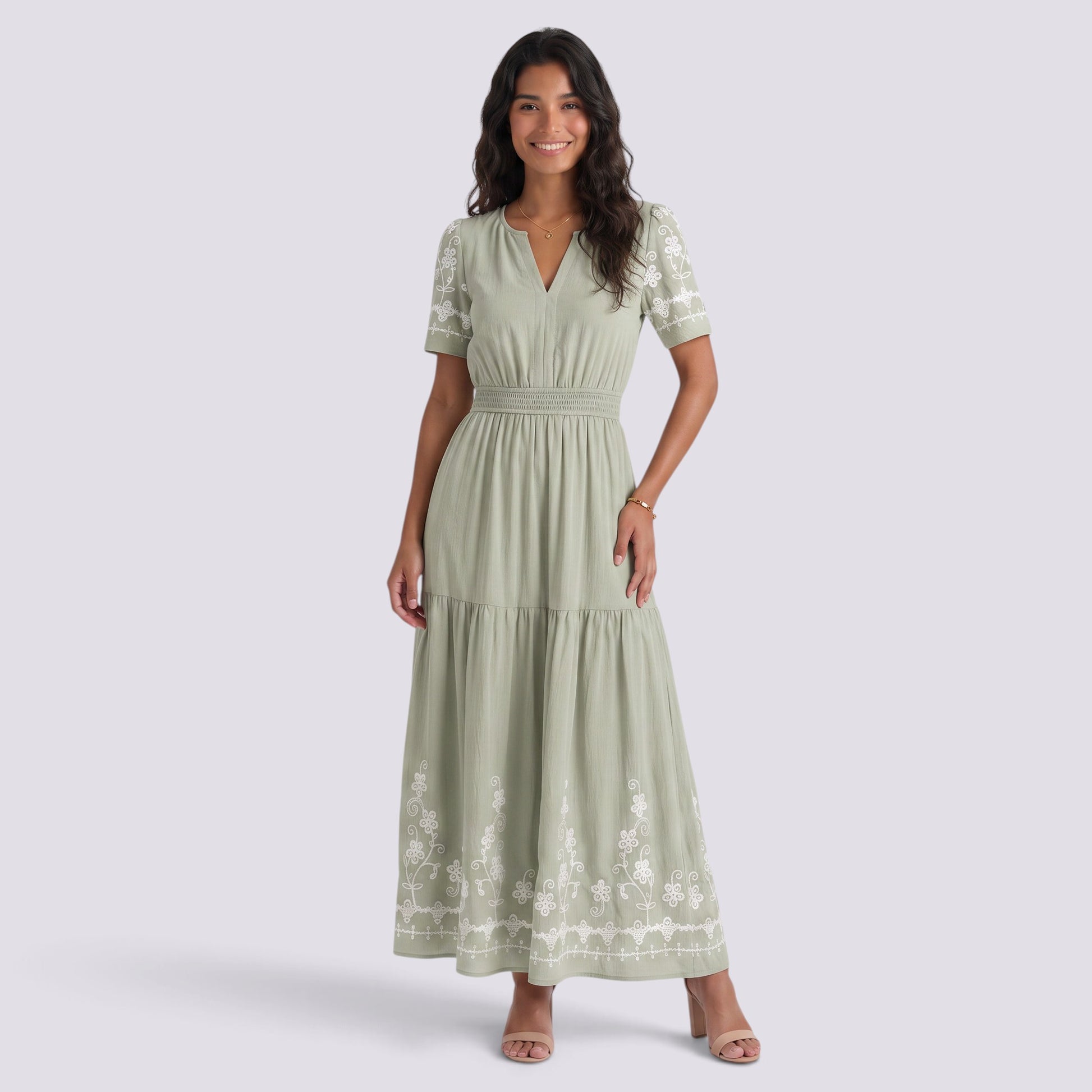 Vestido Midi Boho Bordado Mujer Escote Pico