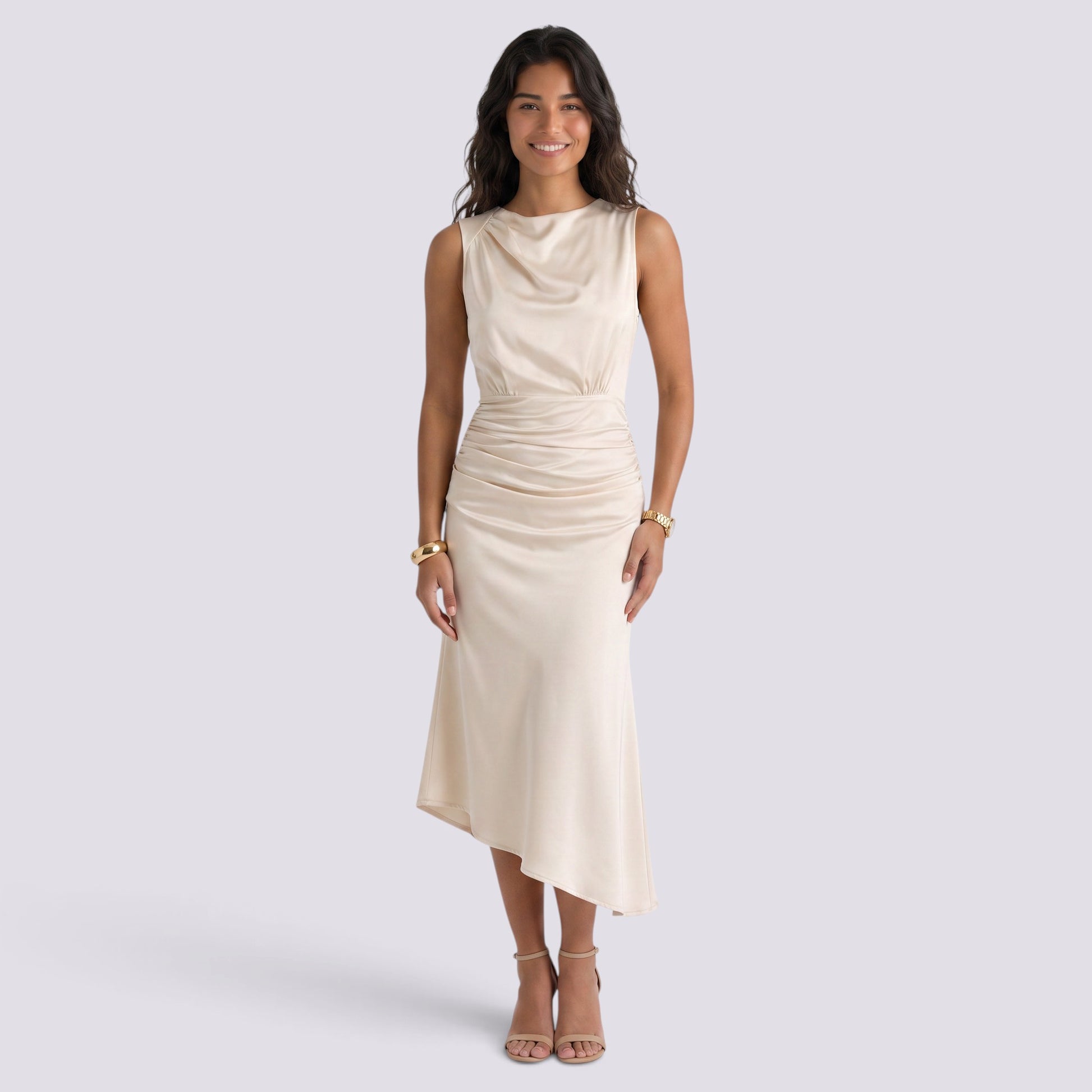 Vestido Ajustado Mujer con Fruncido Cuello Redondo