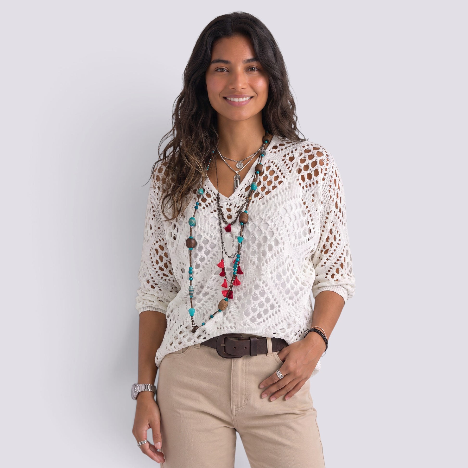 Blusa Mujer Punto Calado Manga Larga Elegante