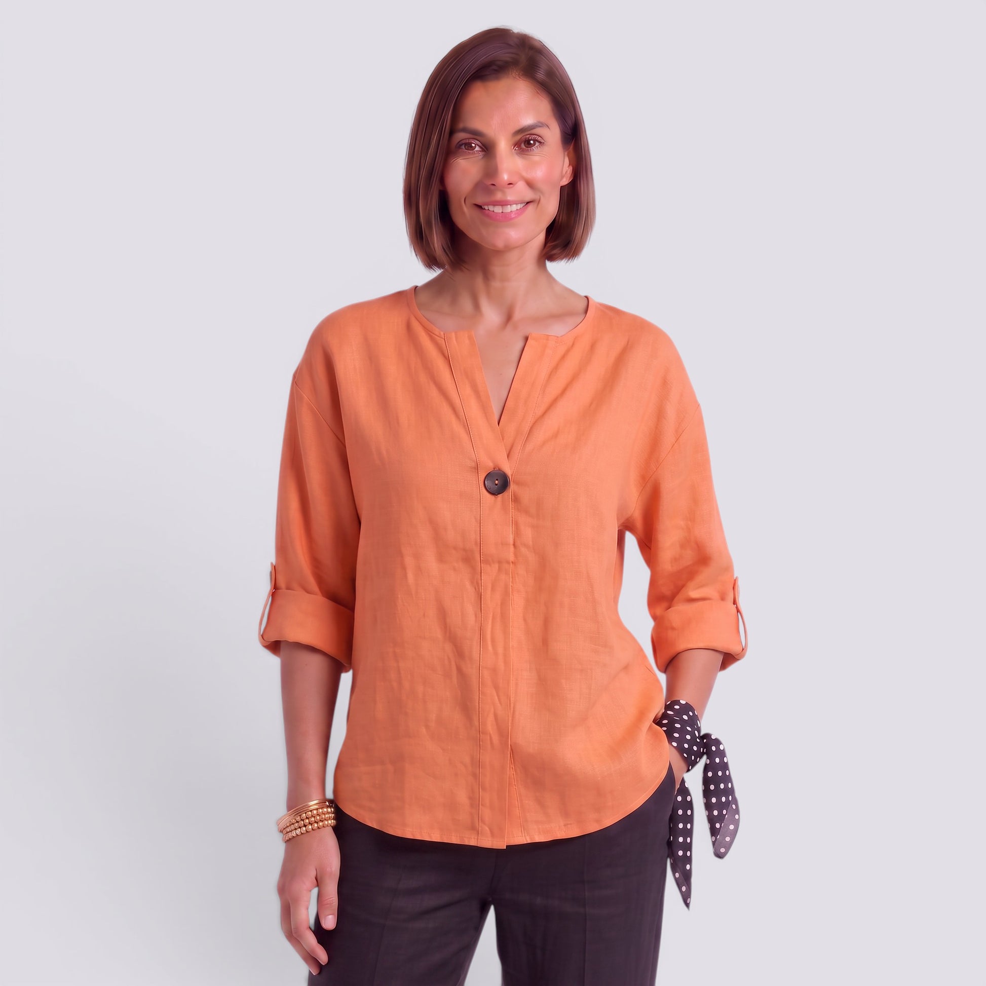 Blusa Mujer Elegante Manga Larga Escote Pico Botonada