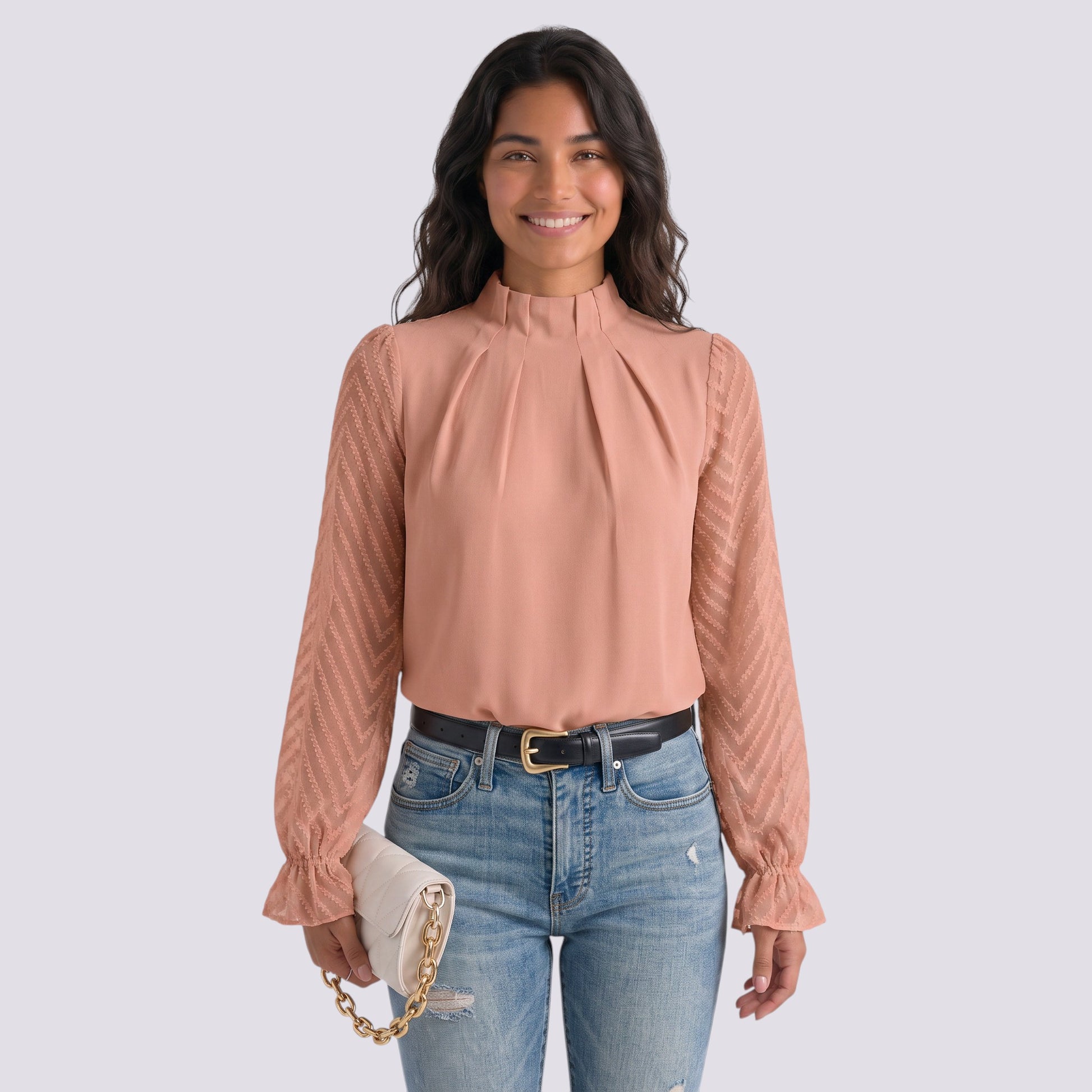 Blusa Mujer Cuello Alto Manga Larga Ondulada