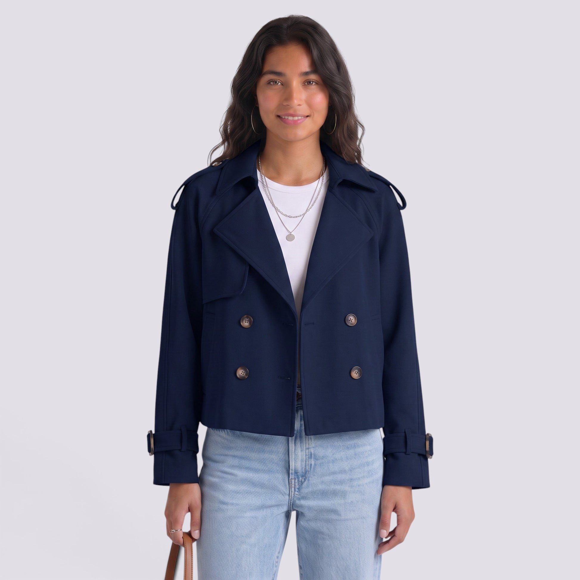 Chaqueta Mujer Estilo Gabardina Corta Doble Botonadura