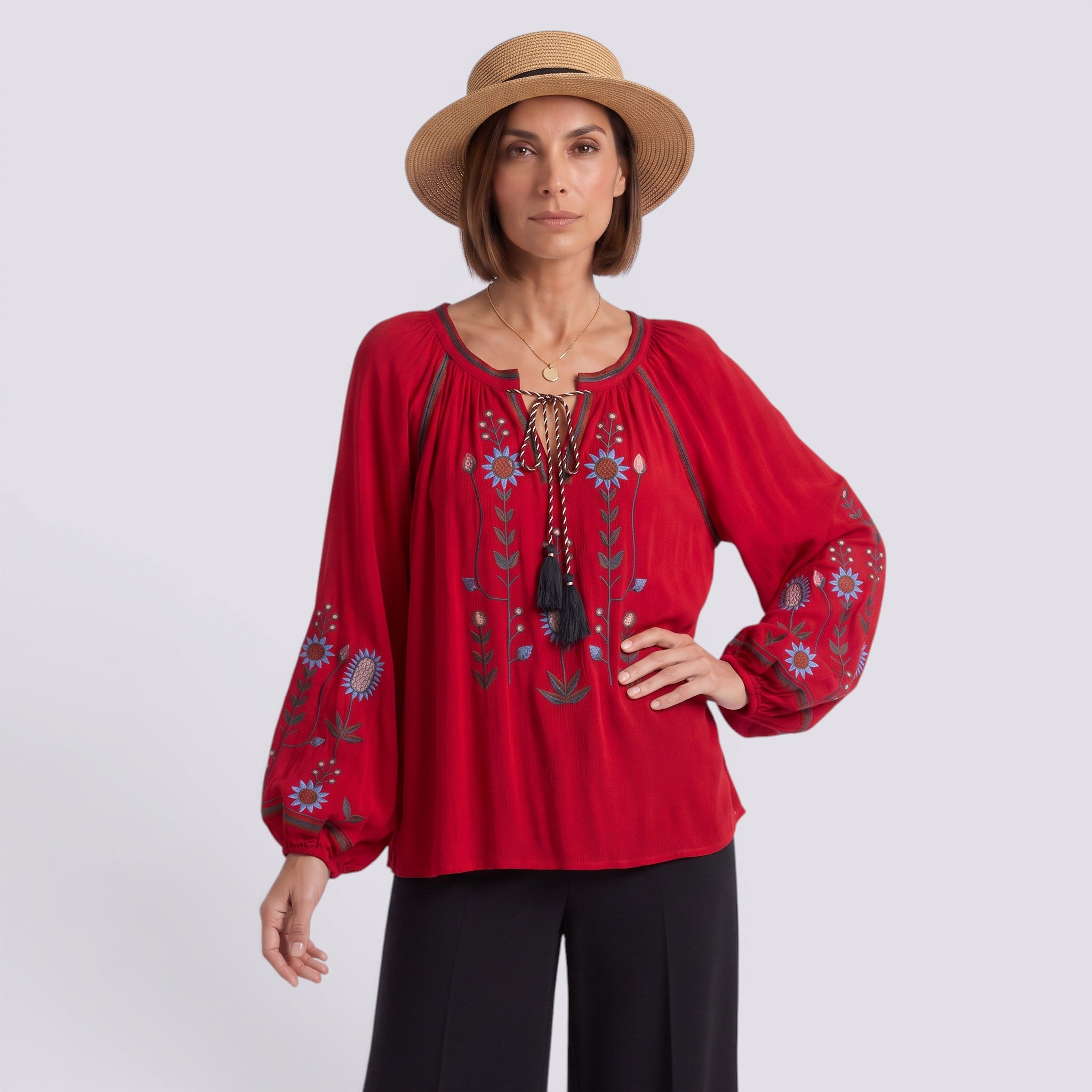 Camisa Mujer Manga Bordada Estilo Boho Abullonada