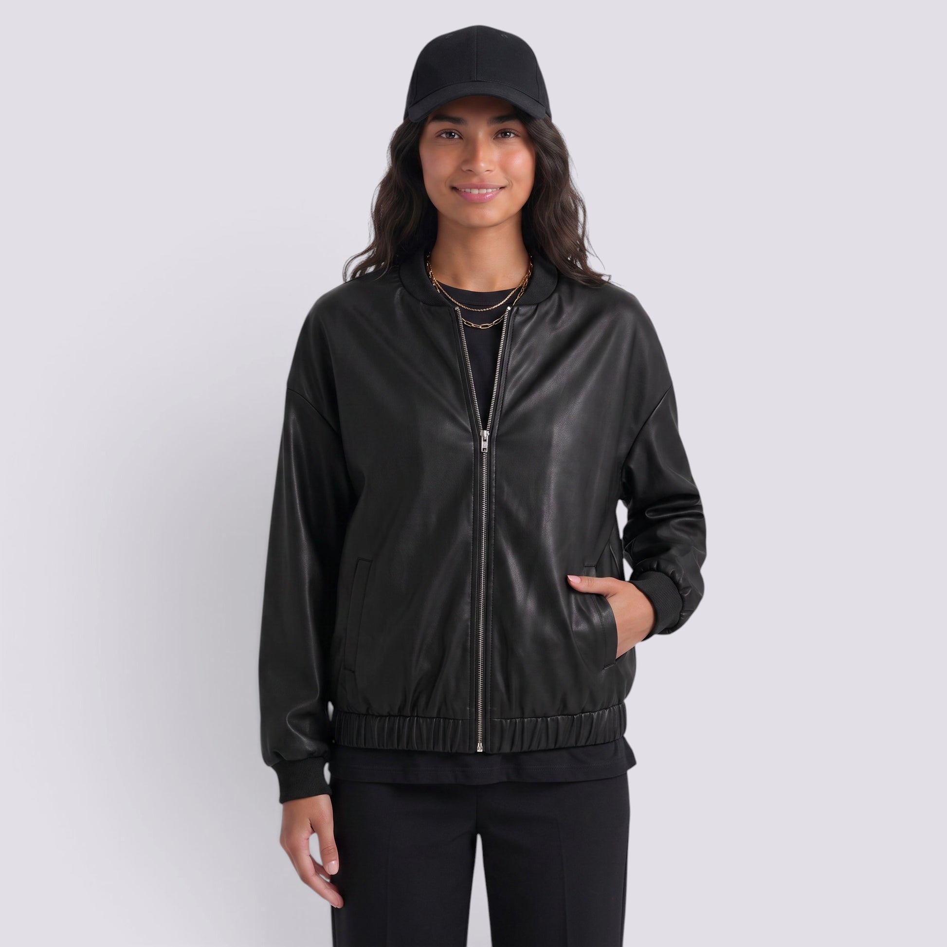 Chaqueta Cuero Mujer Corta Motera Efecto Piel