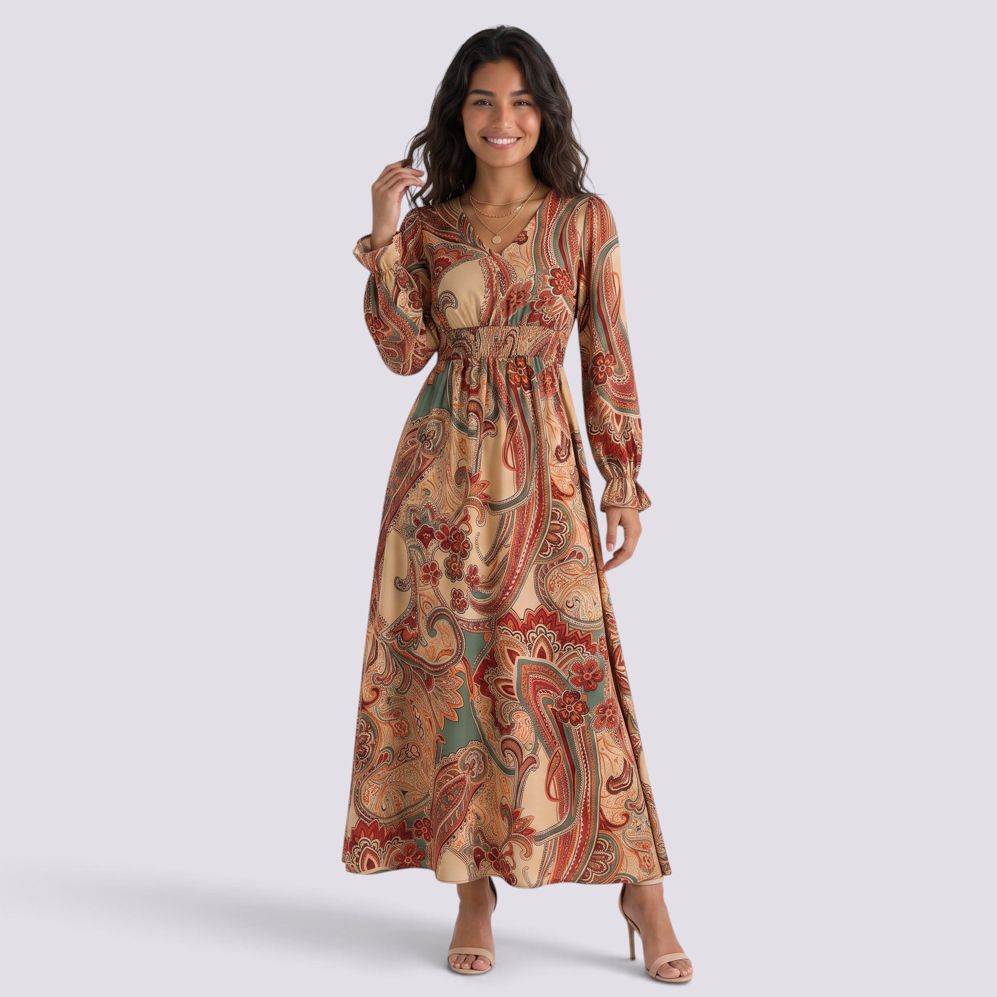 Vestido Estampado Mujer Manga Larga Escote V